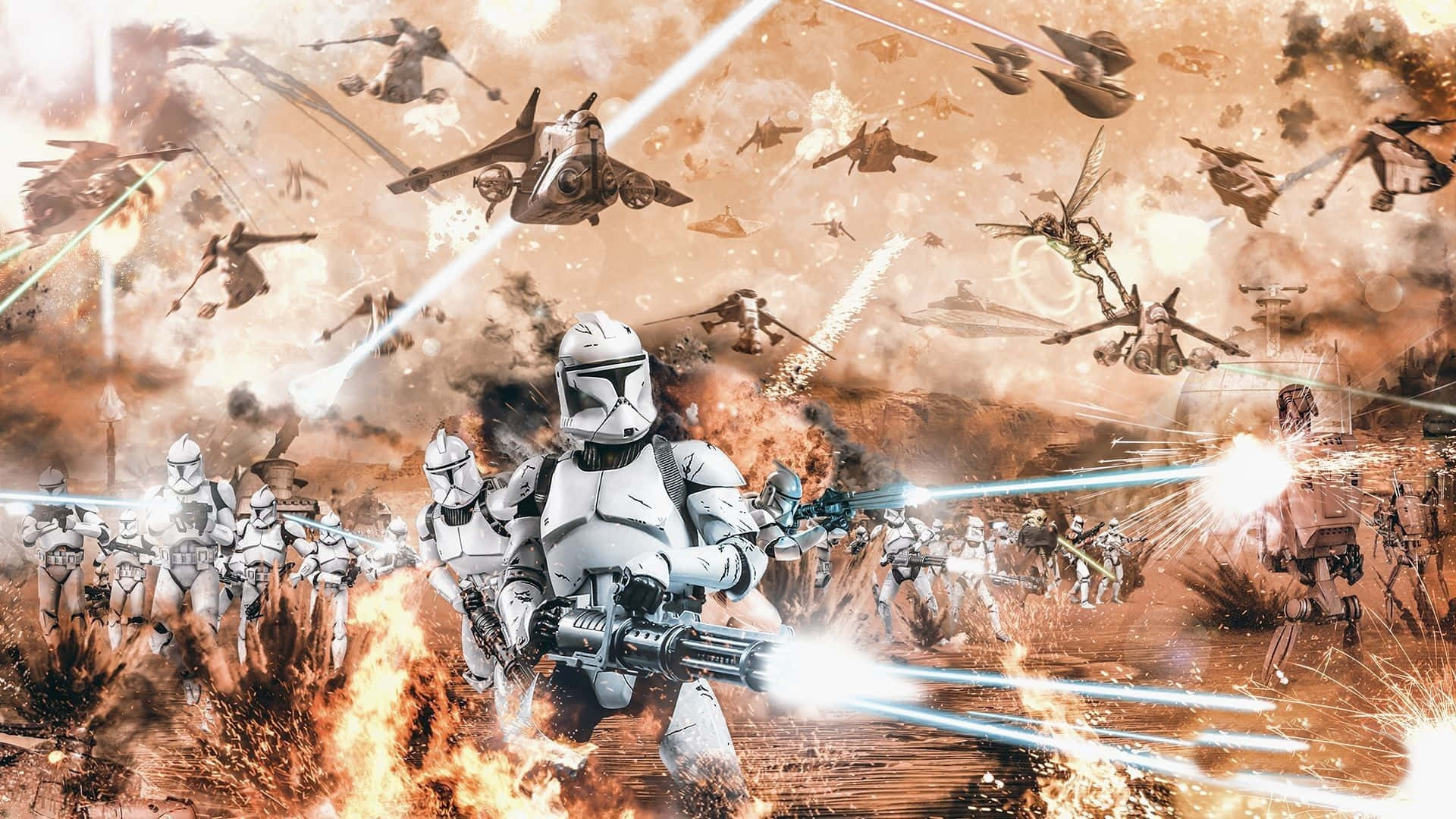 複製人軍隊在頭頂有星際戰鬥機的激烈戰鬥中作戰。