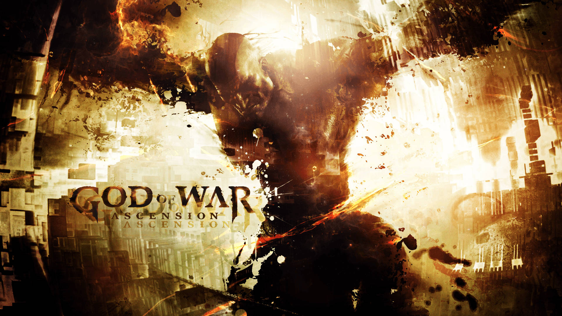 God of War Ascension 遊戲封面，火熱戰士剪影映襯著破碎的城市。