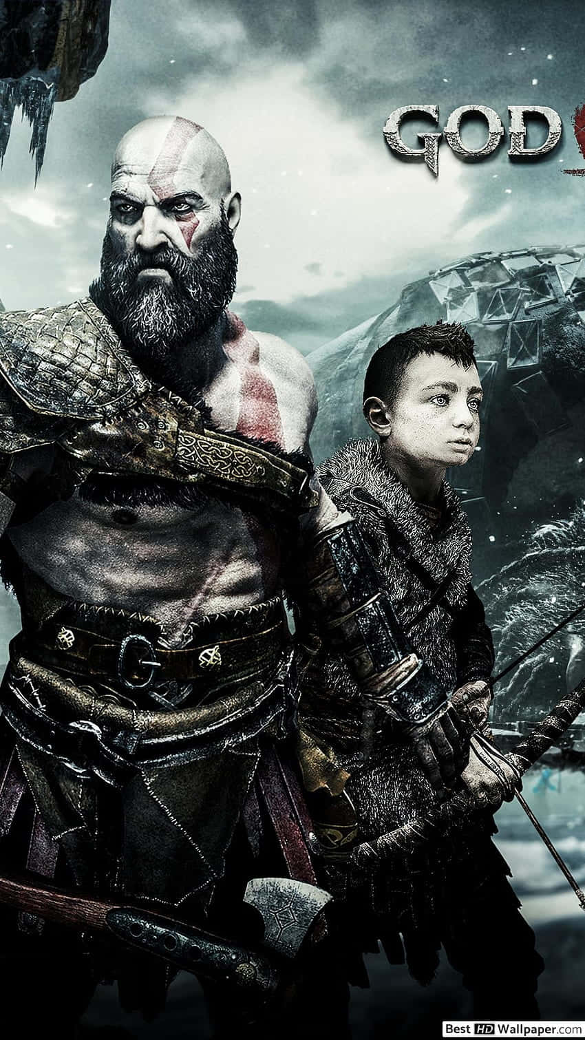 God of War 戰士與男孩在雪地山區地形中。