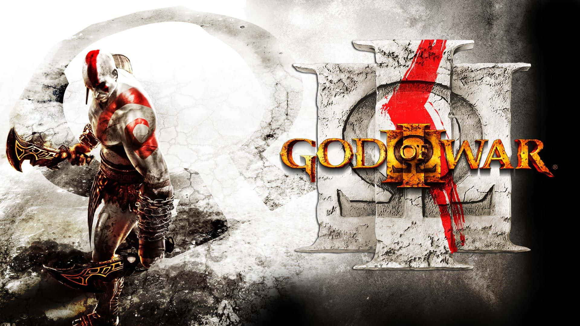 《God of War III》中的 Kratos 手持斧頭，附有遊戲標誌