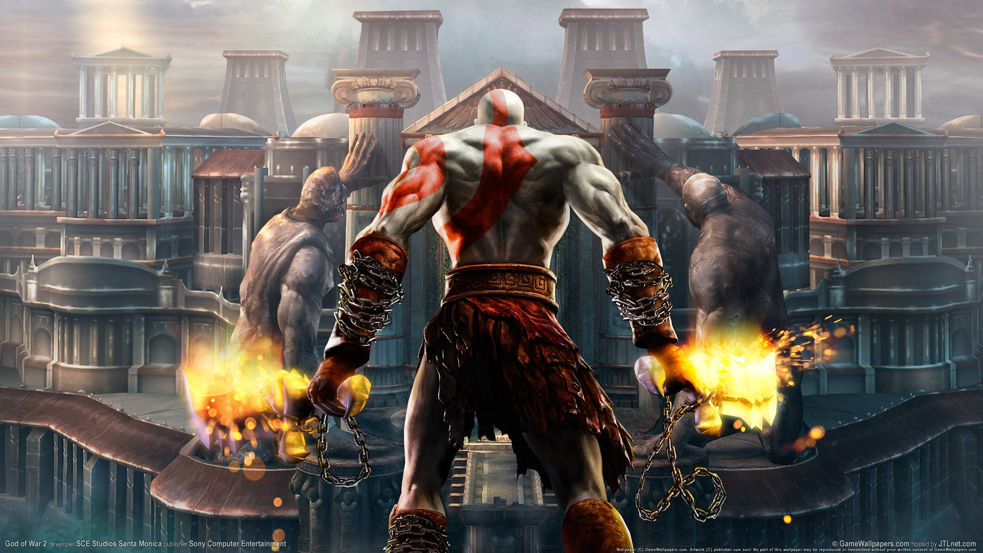 來自《God of War 2》的Kratos在希臘遺跡場景中揮舞火焰鎖鏈。