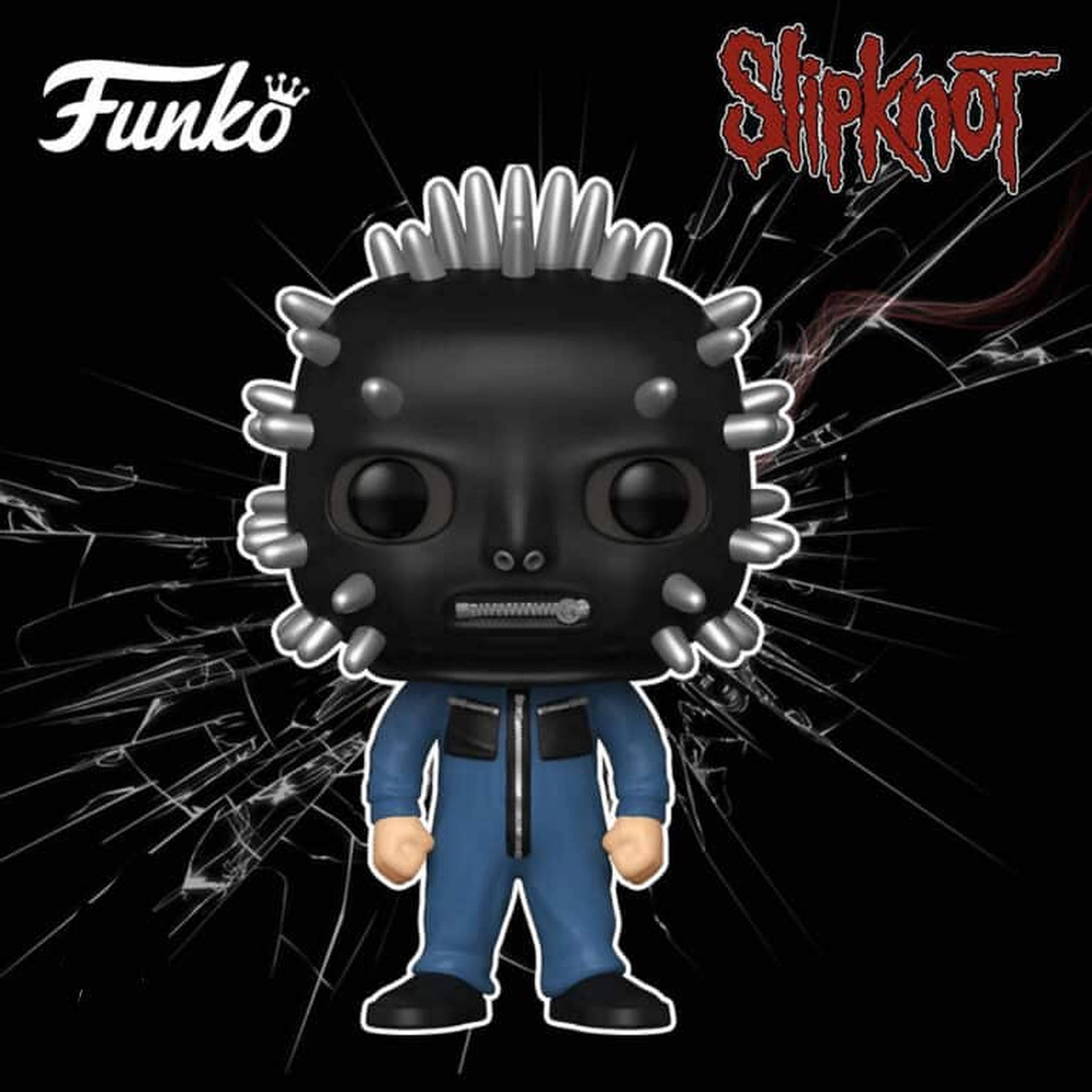 克雷格·瓊斯 Funko Pop 壁紙 — 一個Slipknot蒙面成員的Funko Pop!人偶站在破碎玻璃背景前，背景有樂隊標誌。
