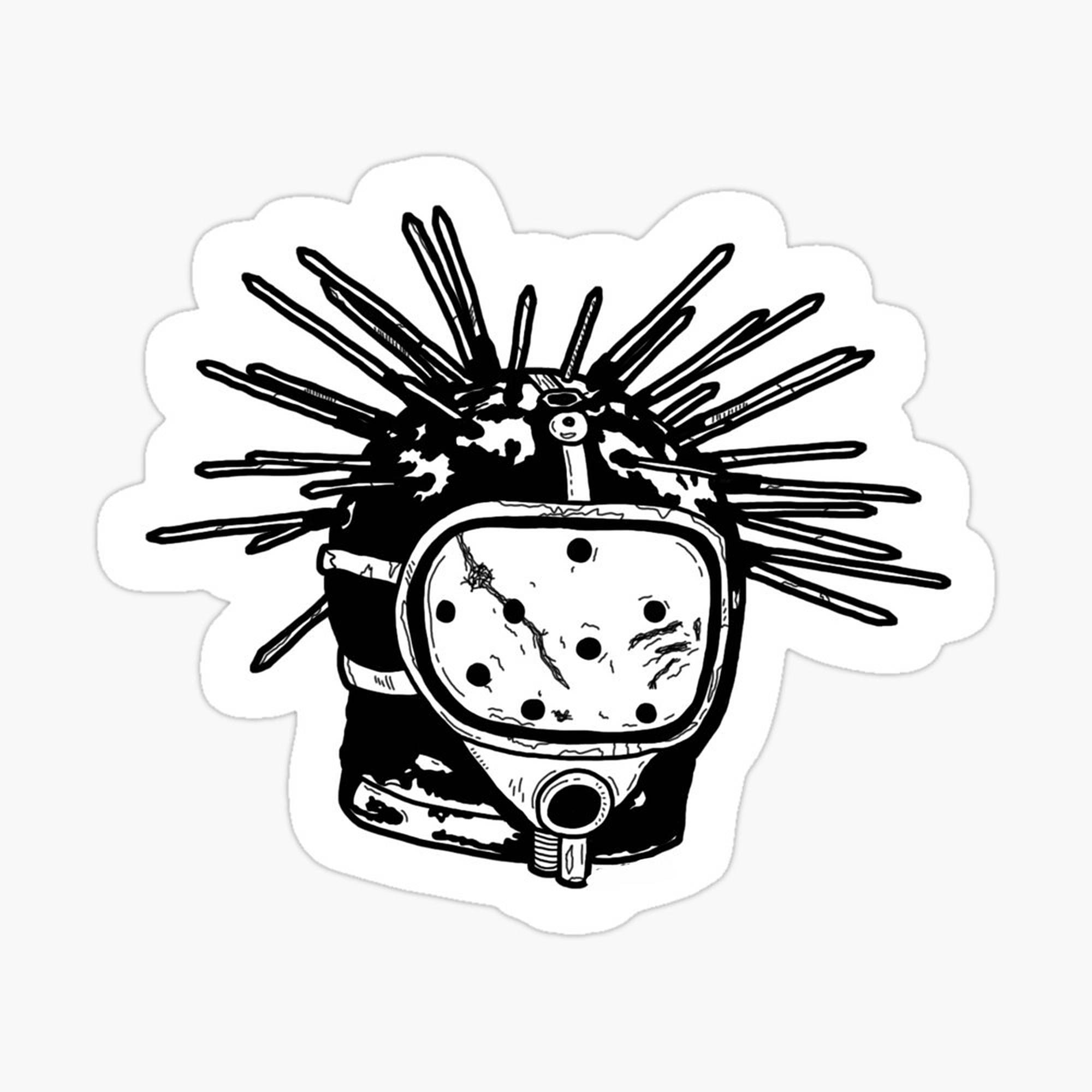 克雷格·瓊斯熱情演出 壁紙 — 一幅黑白插圖，描繪一隻帶刺的海膽戴著破裂的潛水頭盔，帶有鋸齒狀、草圖般的輪廓。