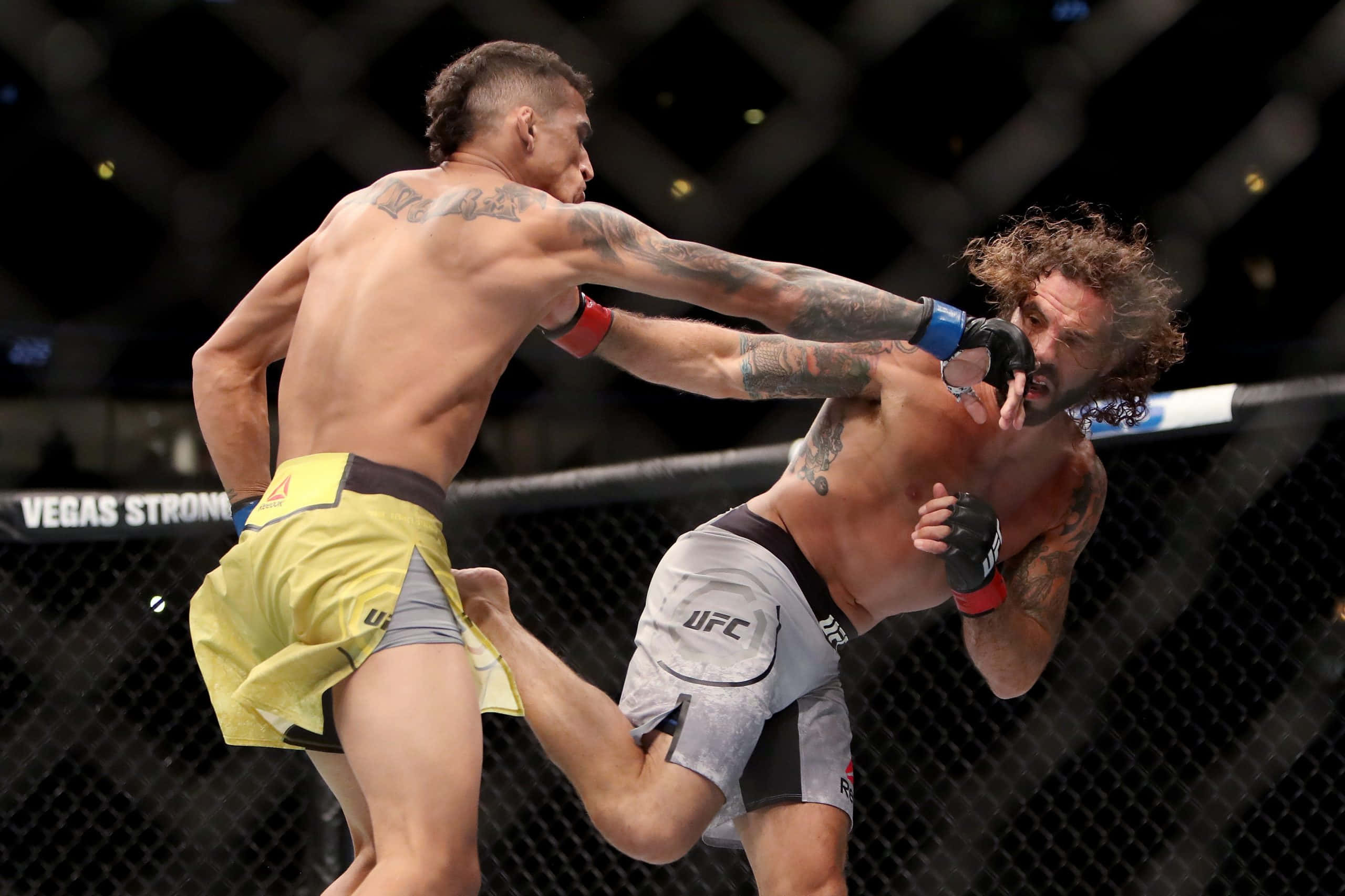 克雷頓·吉達於UFC 225 2018對戰查理斯·奧利維拉 壁紙 — 兩名紋身MMA拳手在明亮的場館燈光下進行激烈的籠中對決。