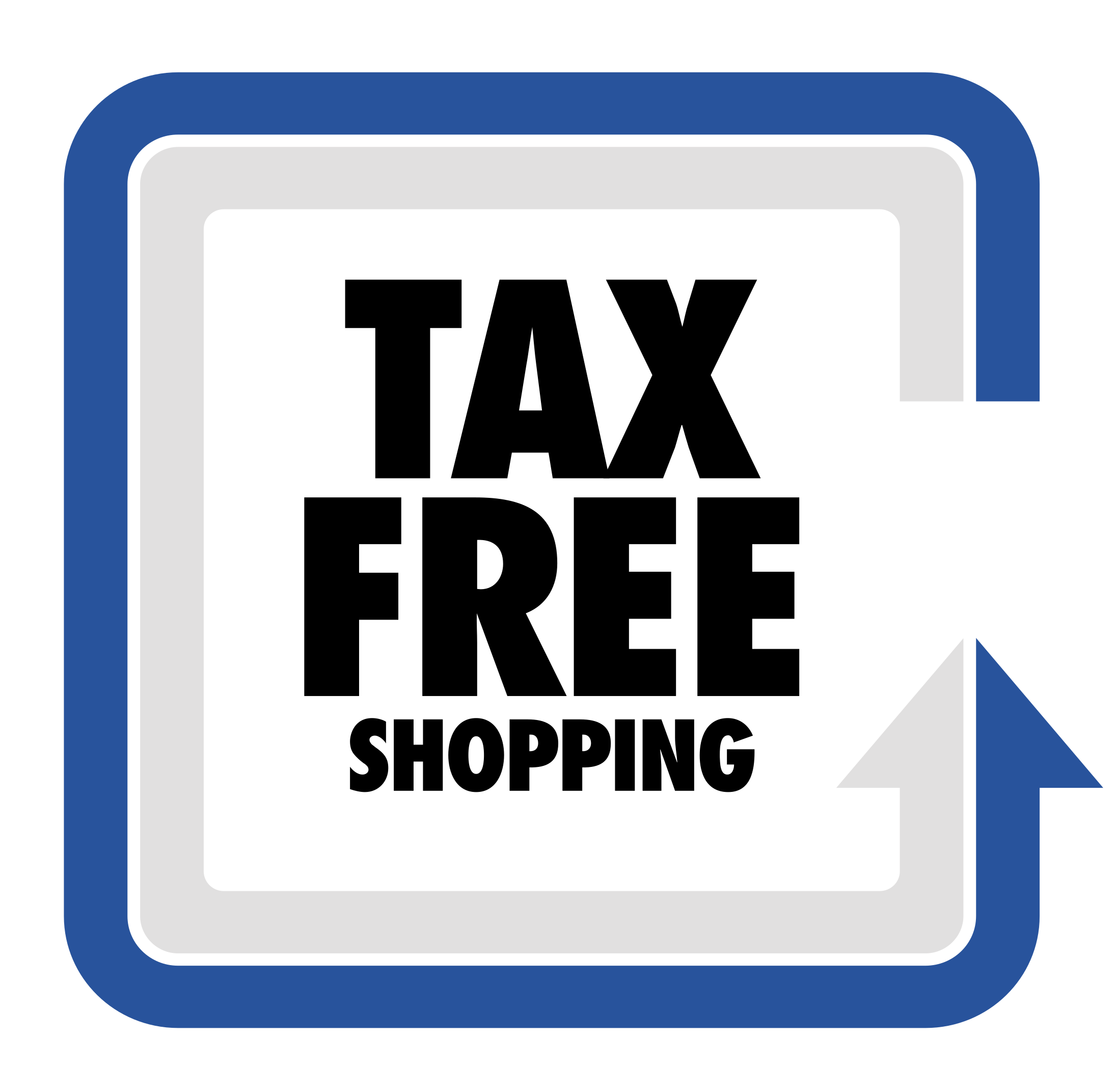 免稅購物標誌 壁紙 — 藍色和灰色圓角正方形內有粗體黑色文字 tax free shopping 及一個指向右方的箭頭。