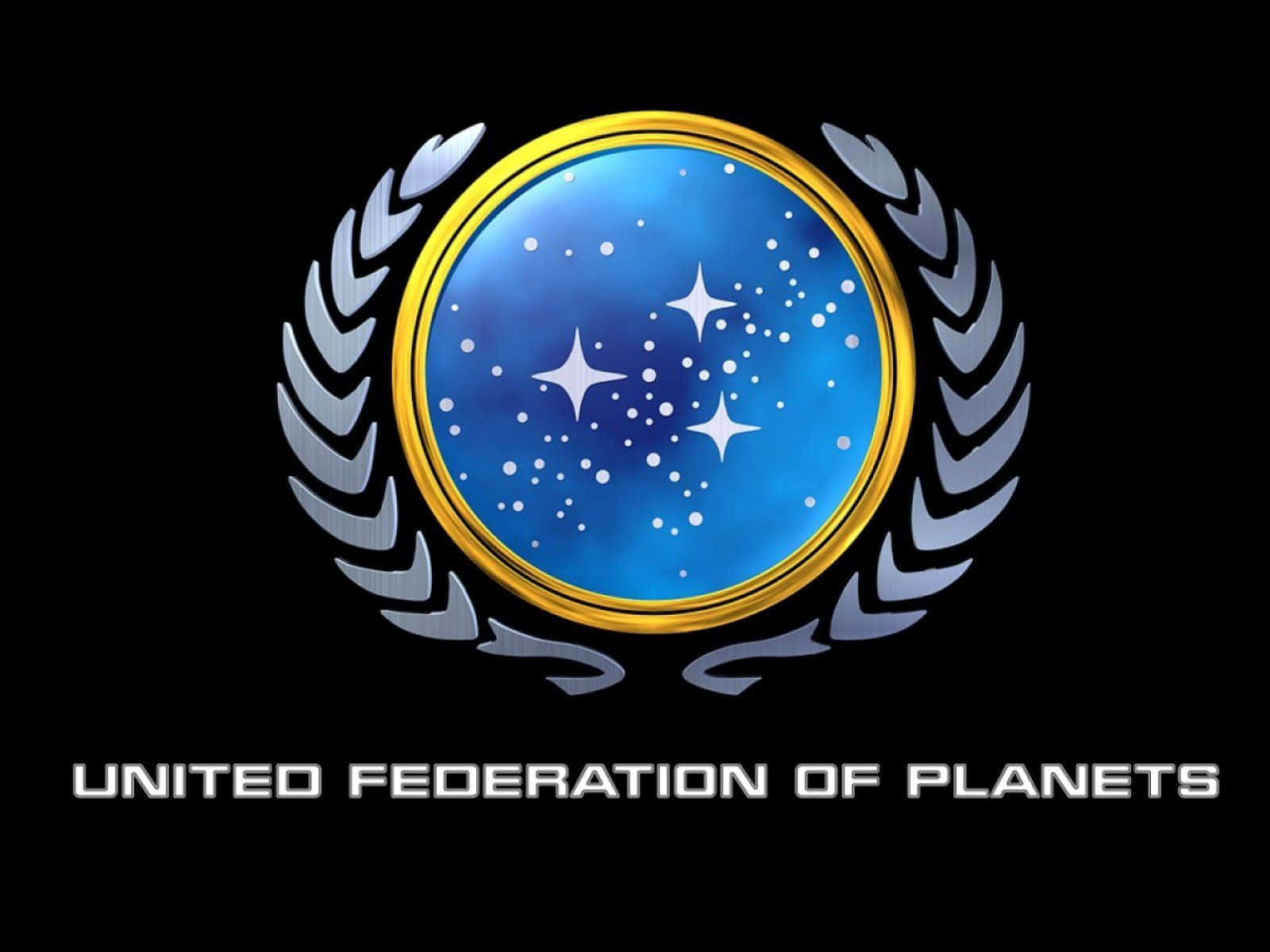 聯合行星聯邦標誌，黑色背景上帶有星星和月桂花環。