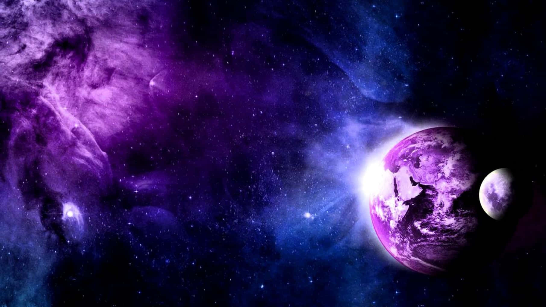 紫色和藍色星雲，帶有發光行星和衛星，在繁星點點的太空。