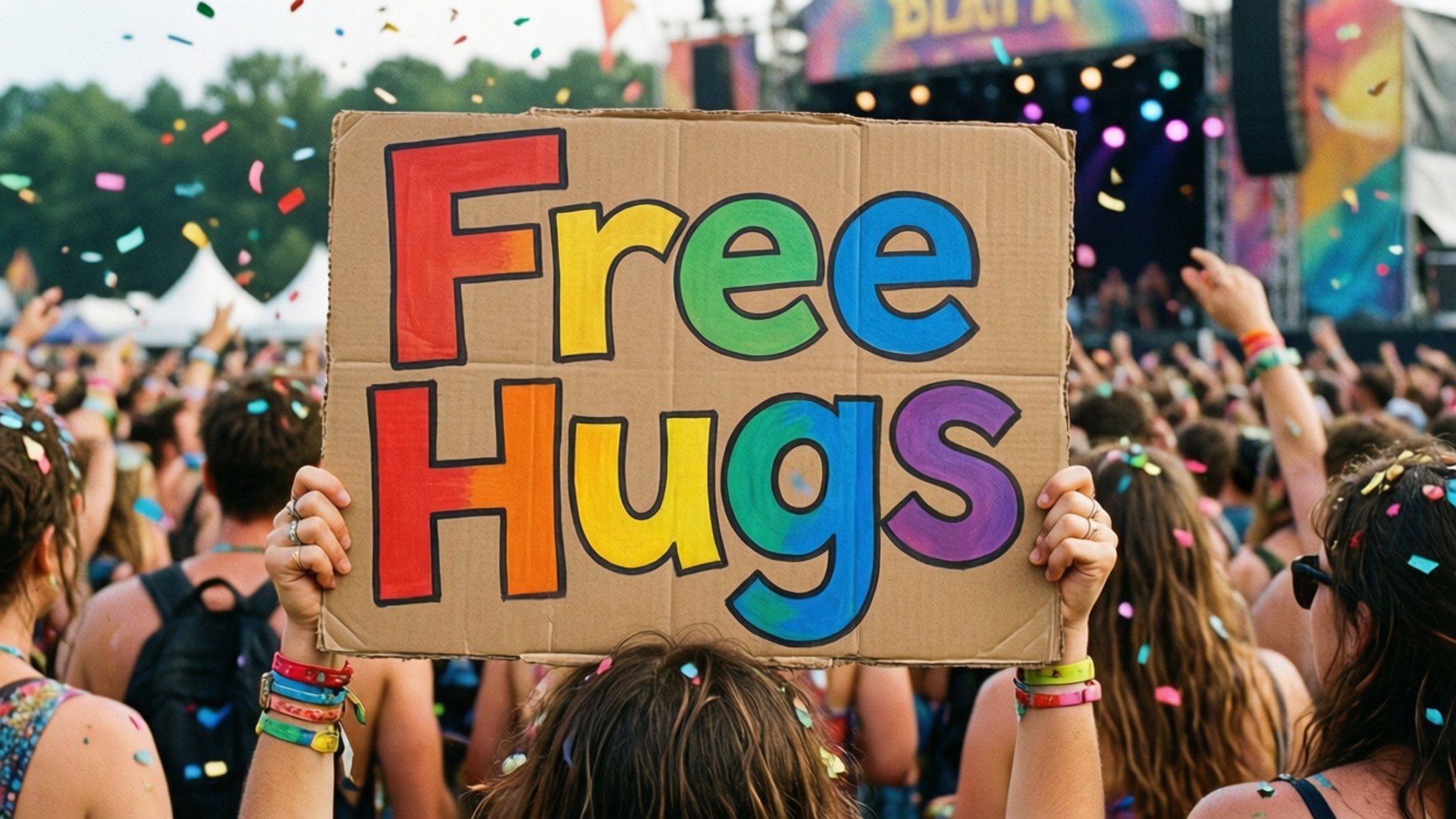 在一個色彩繽紛的戶外節日中，一個人舉著「Free Hugs」標語牌，周圍有五彩紙屑和歡呼的人群。