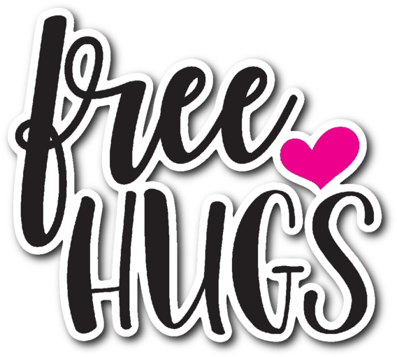 免費擁抱貼紙圖形 壁紙 — 粗體黑色草書文字顯示 free hugs，並用粉紅色心形取代 i 上方的點，背景為純黑色。