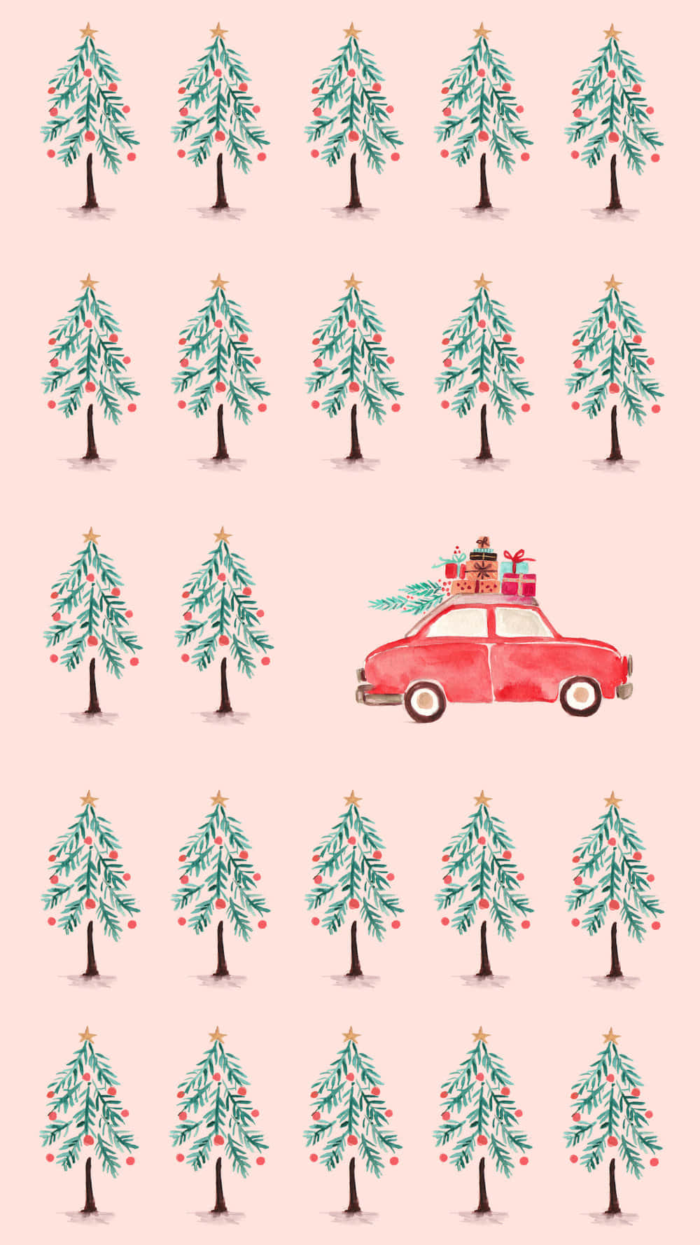 免費聖誕樹汽車圖案圖像 壁紙 — 一輛載滿禮物的紅色復古車行駛在柔軟粉紅色背景上重複的水彩聖誕樹田野中。