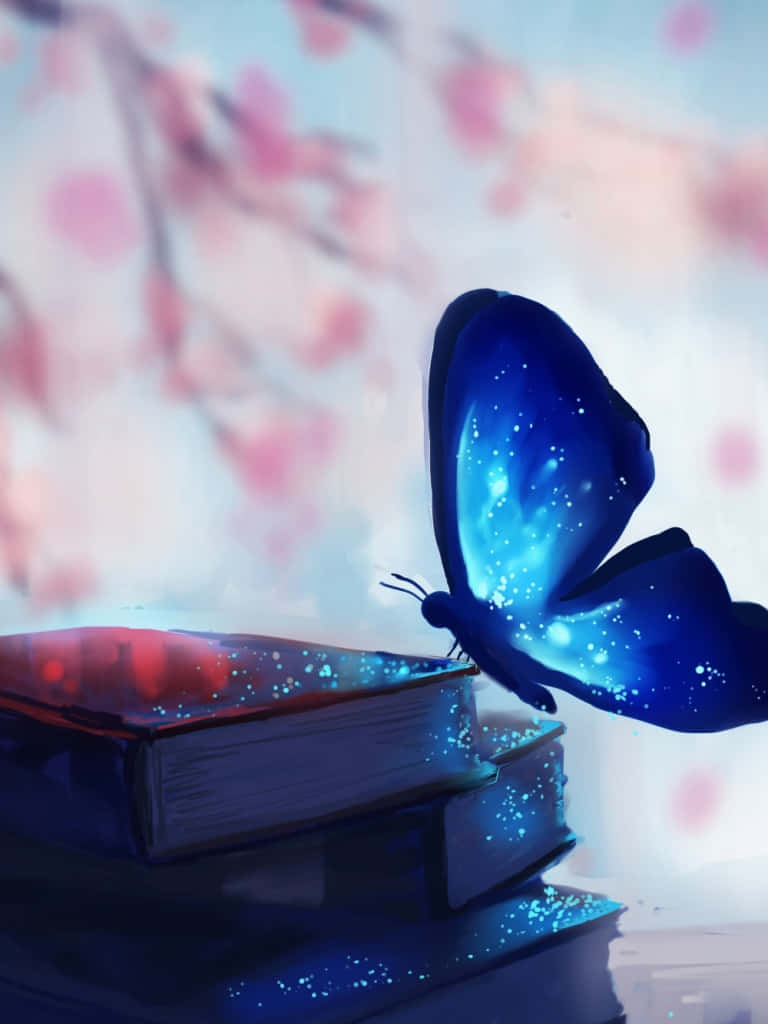 發光的藍色蝴蝶，帶有星形翅膀，在櫻花下停在一堆書上。 — 唯美蝴蝶動圖 壁紙