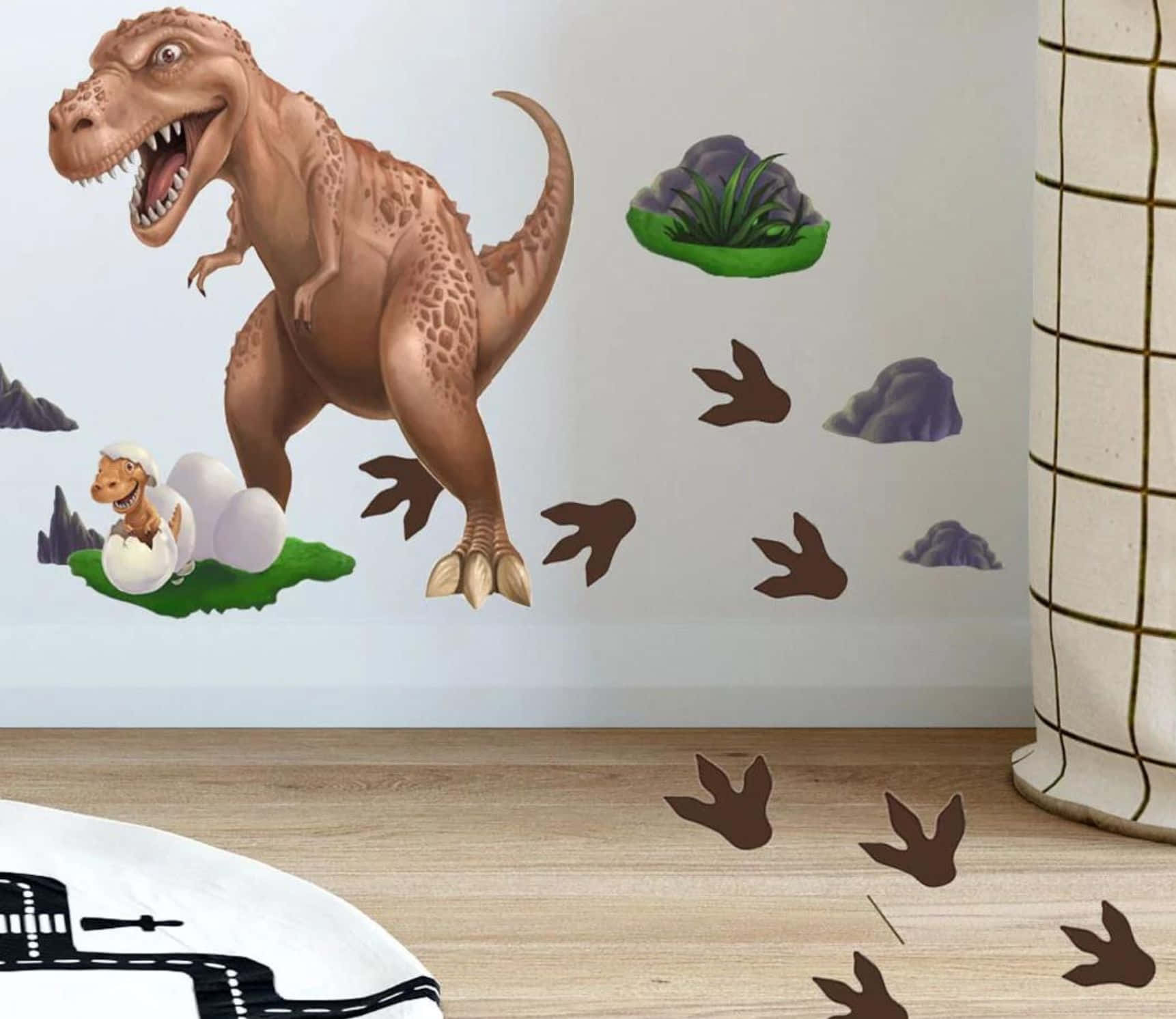 3d Dinosaur 桌布 壁紙 — 兒童房牆壁和地板上的卡通暴龍和恐龍寶寶牆貼，帶有腳印。