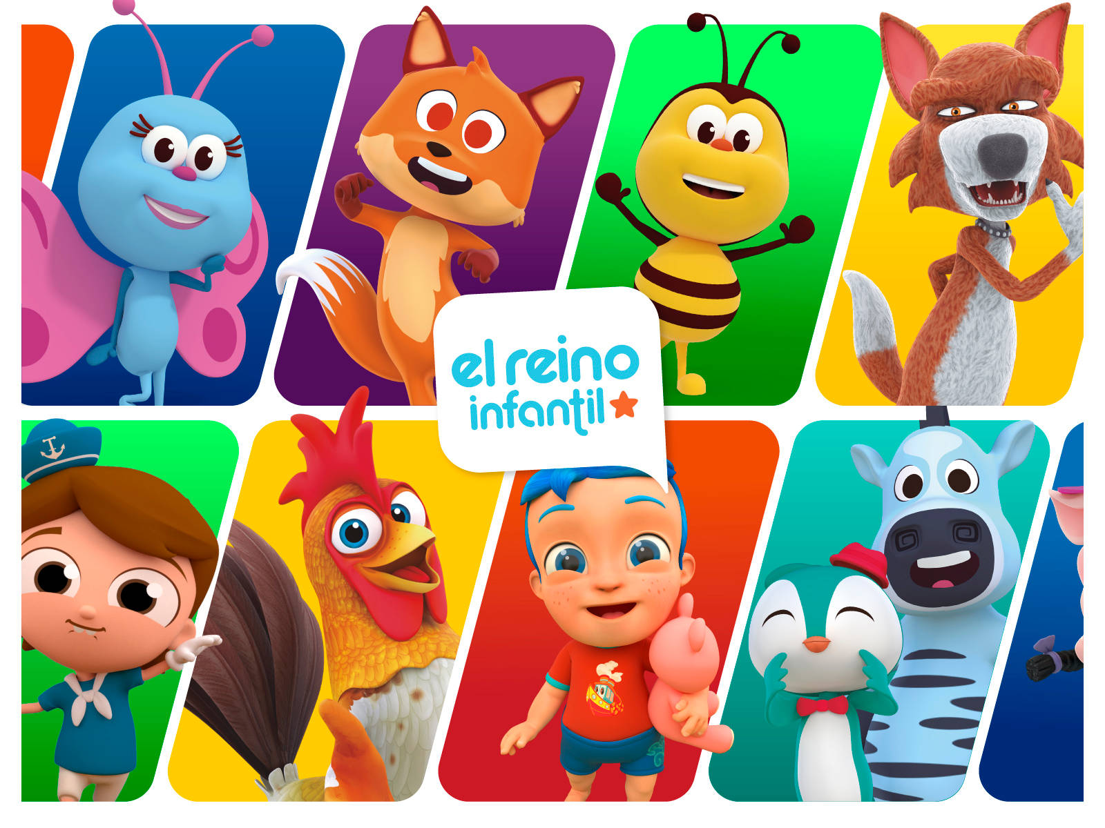 來自 El Reino Infantil 的色彩繽紛卡通角色在網格佈局中微笑。