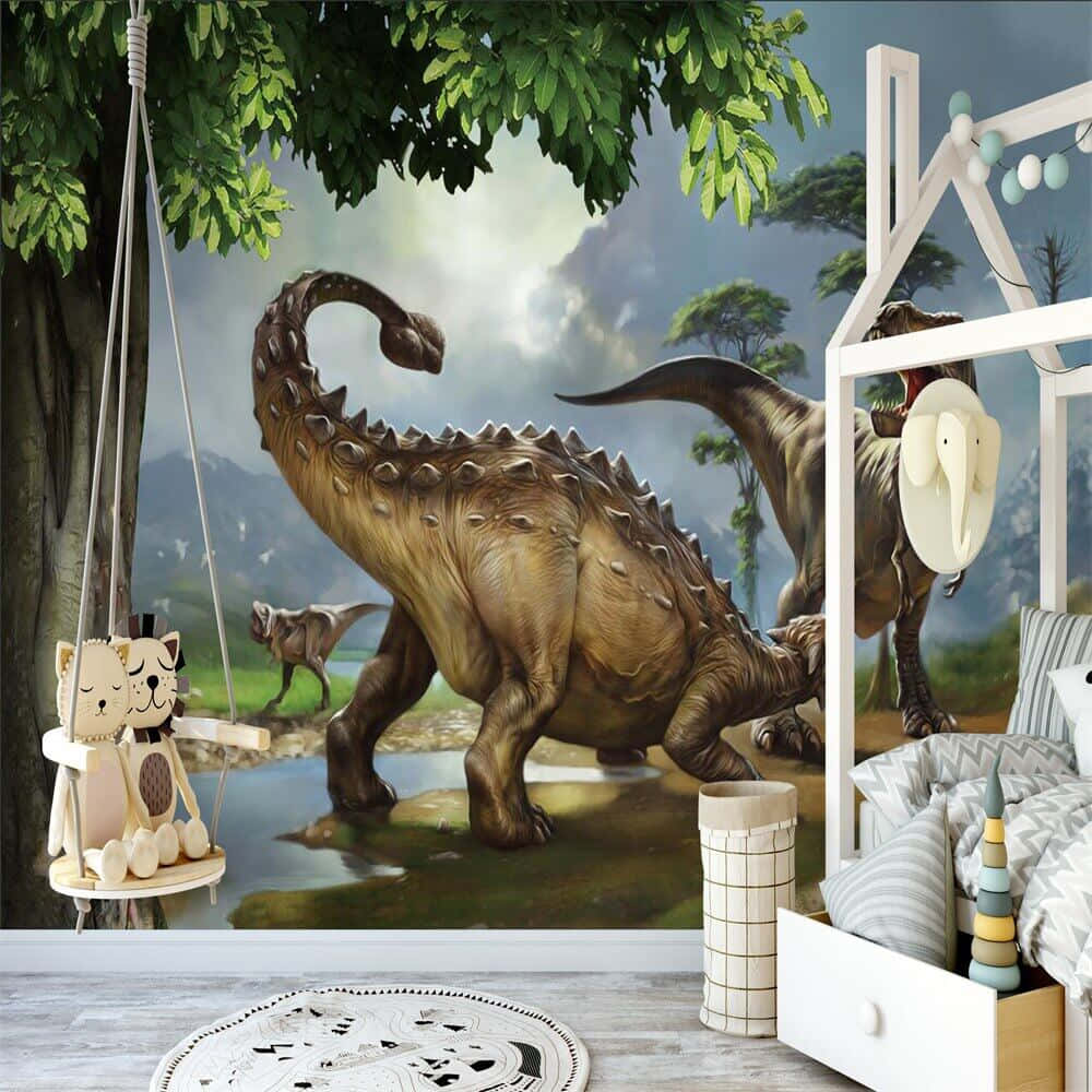 3d Dinosaur 桌布 壁紙 — 兒童睡房採用生動的恐龍壁紙，描繪樹葉茂密的樹木下池塘附近的劍龍。