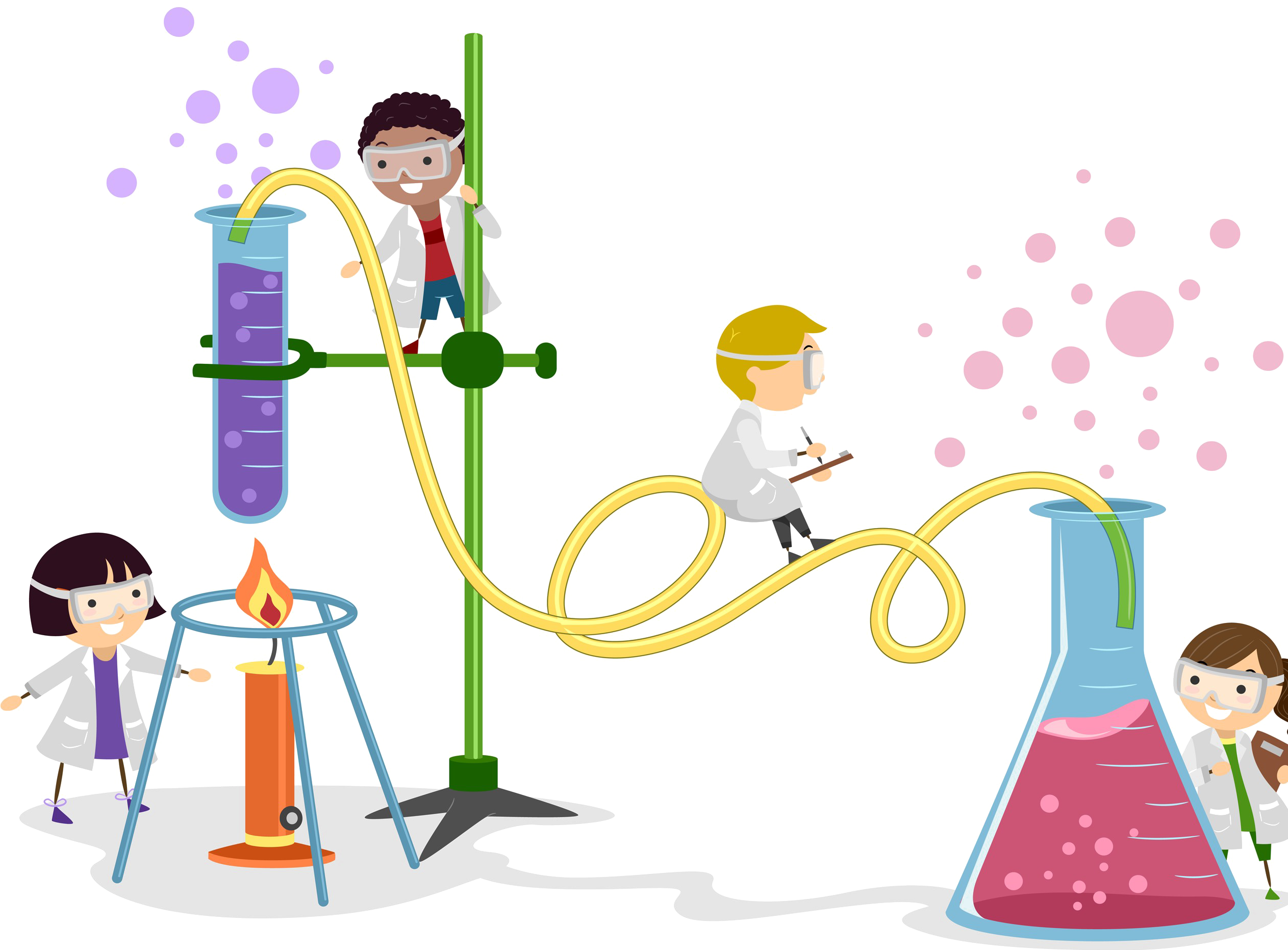 兒童科學實驗卡通 壁紙 — 四個卡通兒童穿著實驗室外套，在彩色插圖中進行一項科學實驗，涉及冒泡的液體和火焰。