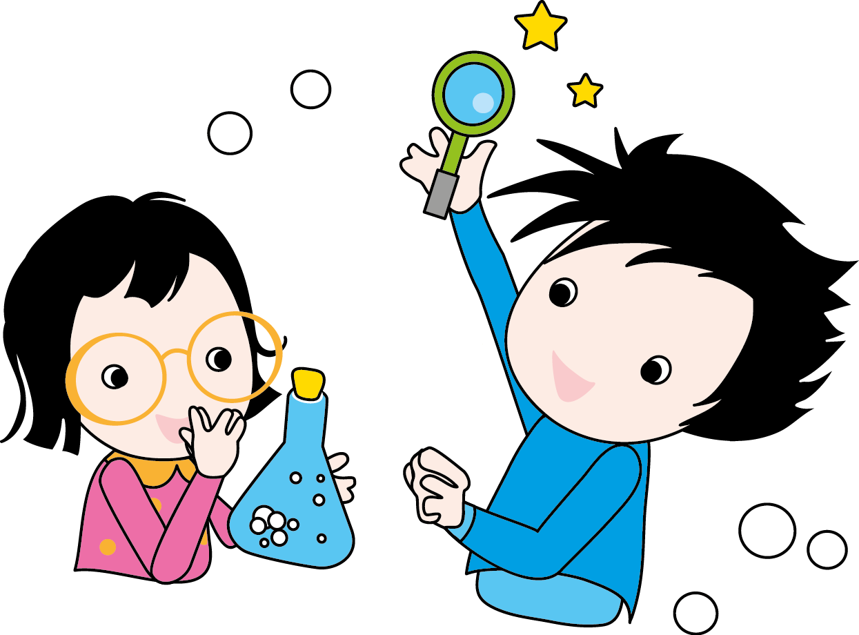 兒童科學實驗卡通 壁紙 — 兩個卡通兒童用放大鏡和冒泡的燒瓶探索科學，周圍環繞著漂浮的氣泡和星星。