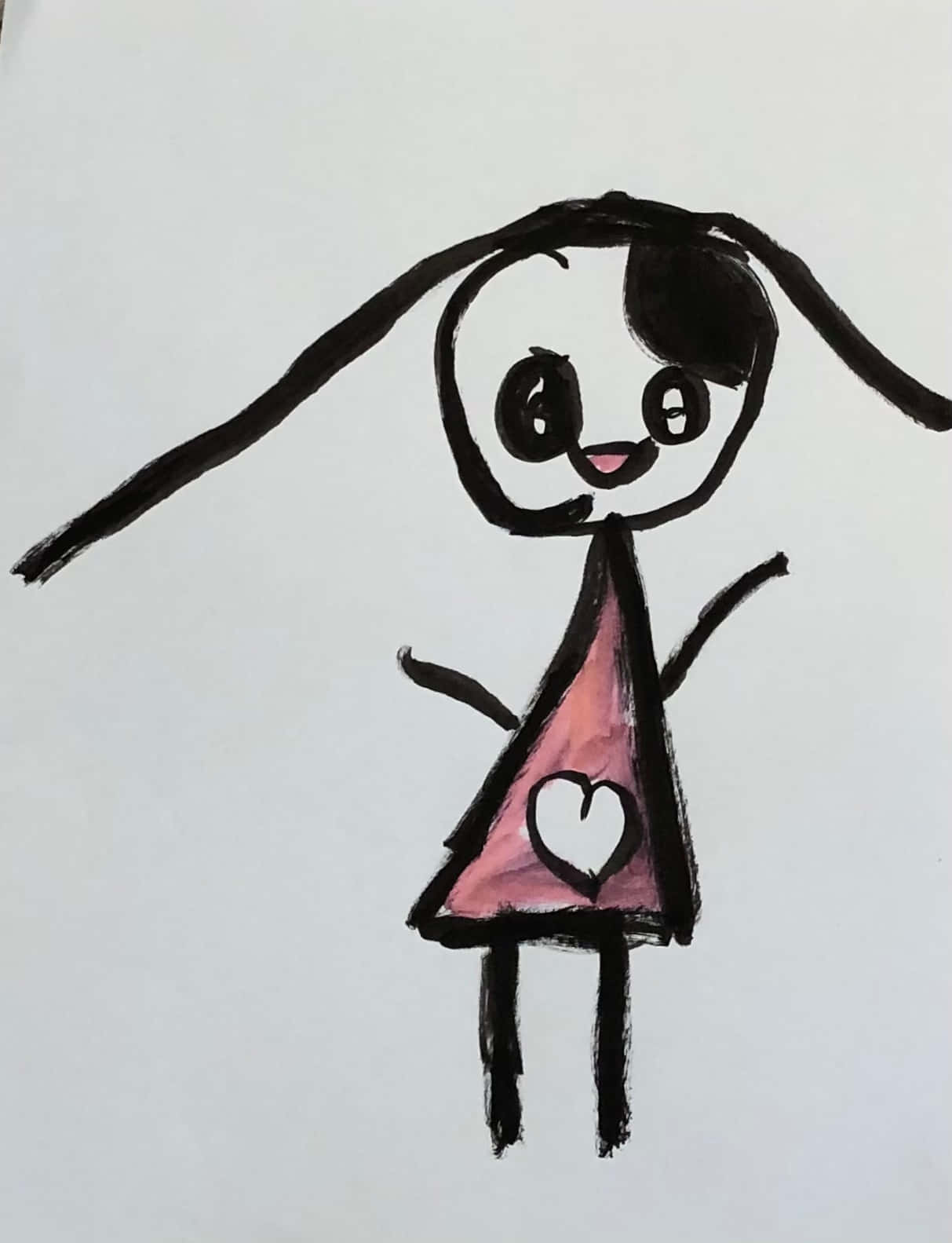 兒童繪製的素描畫 壁紙 — 一個簡單的兒童畫，畫中一個長髮微笑的女孩穿著帶有白色心形的粉紅色連衣裙。