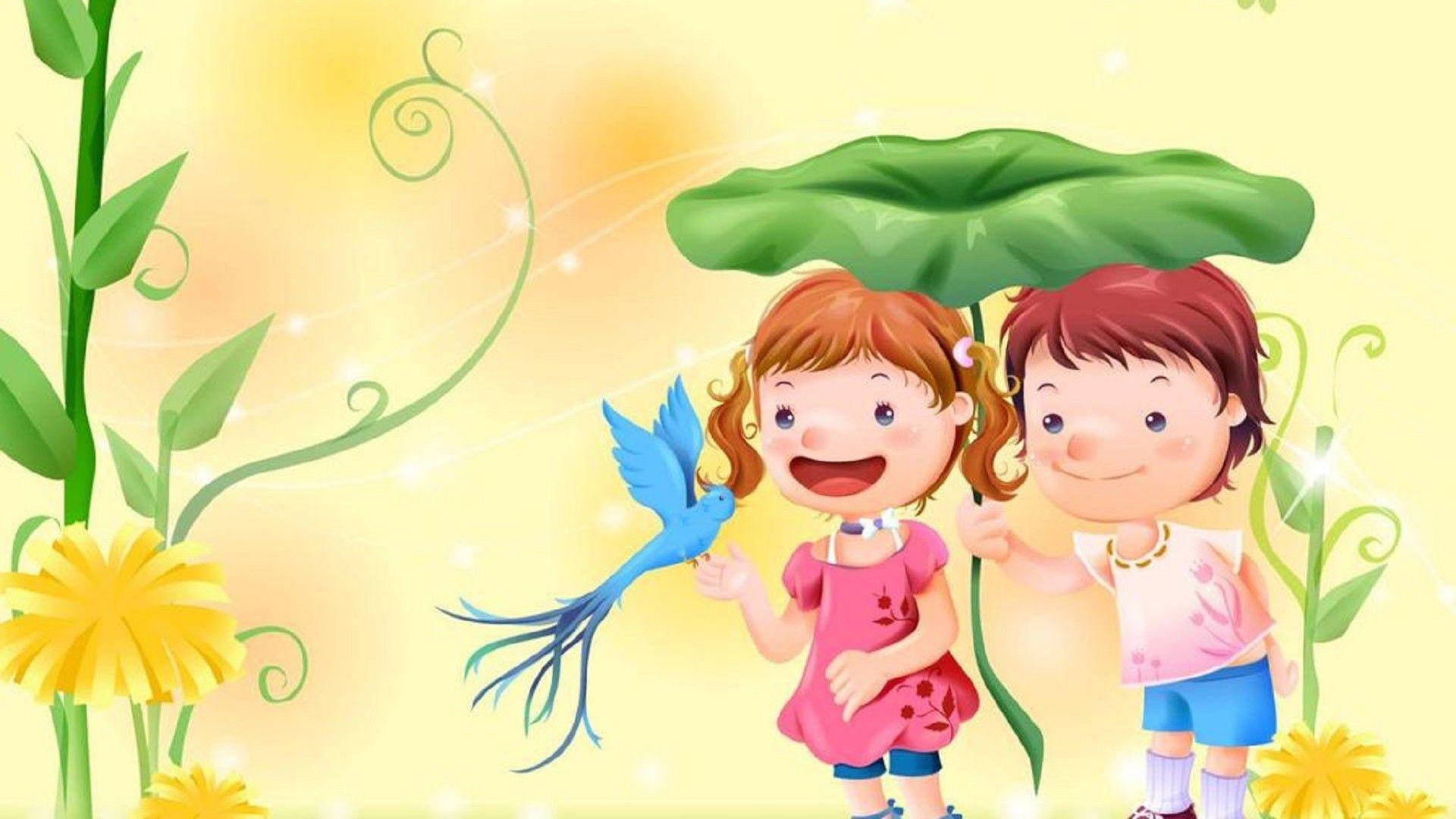 兩個微笑的小孩在陽光明媚的花園裡，在一片大葉子下與一隻藍色小鳥玩耍。