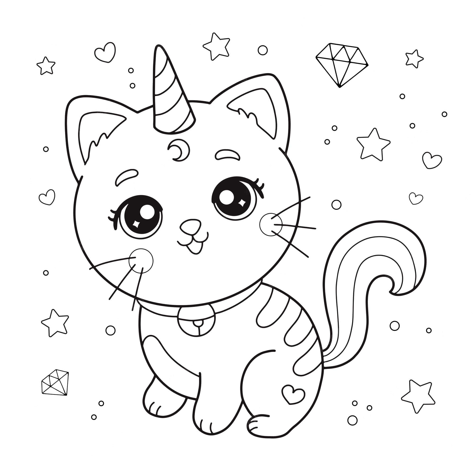 兒童貓塗鴉圖 壁紙 — 一隻可愛的卡通貓，有獨角獸角和彩虹尾巴，被星星、心形和鑽石包圍，黑白風格。