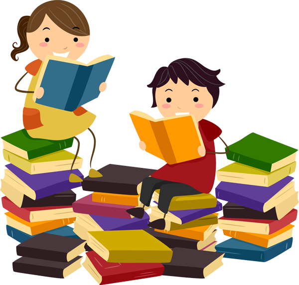 兒童閱讀書籍 壁紙 — 兩個開心的卡通小孩坐在色彩繽紛的書堆上，專心閱讀他們最喜歡的故事。