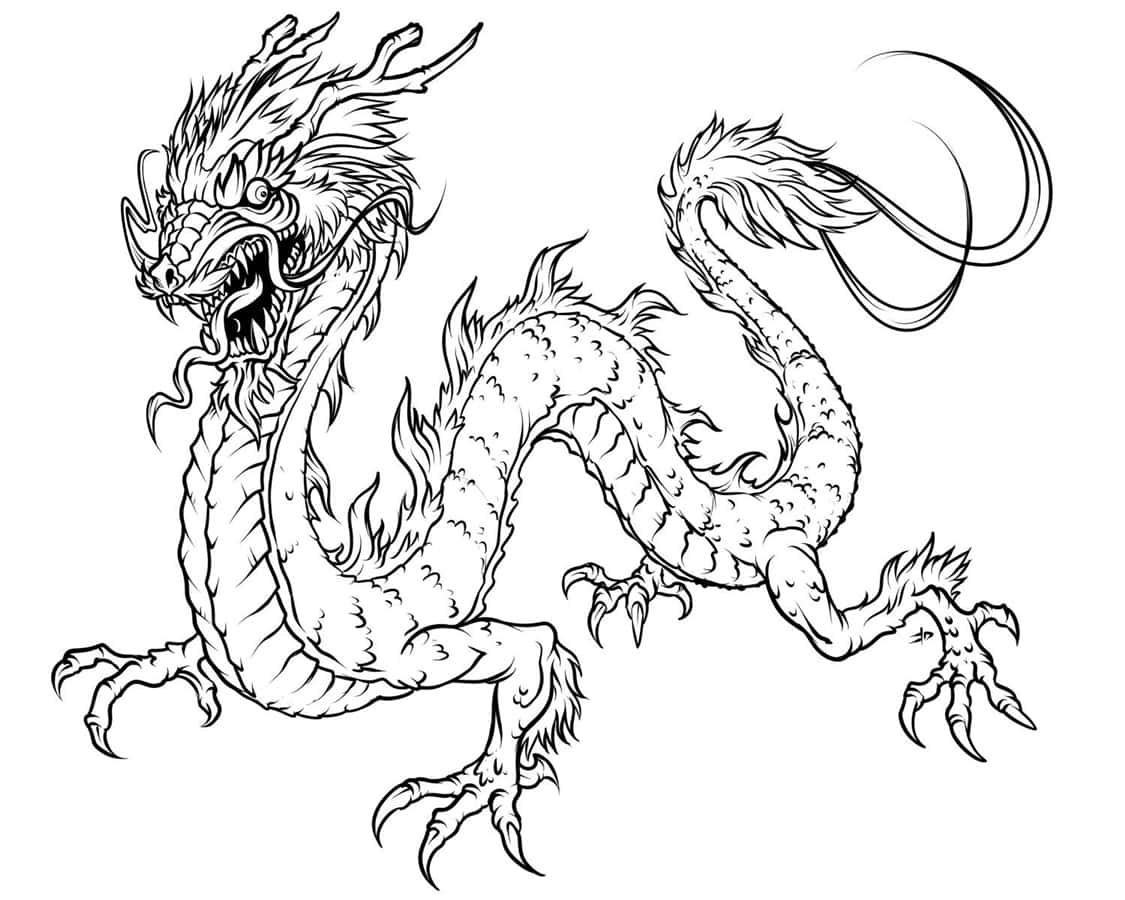 兒童龍塗色樂趣 壁紙 — 一隻兇猛的黑白線條藝術龍，帶有詳細的鱗片和爪子，在純色背景上動態擺姿勢。