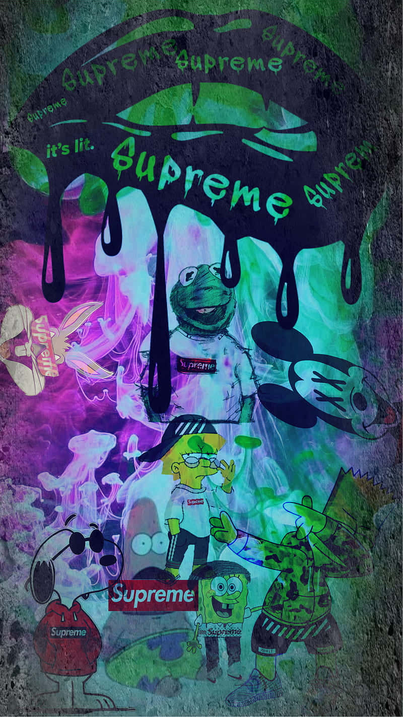 兔八哥，洛尼特unes之王 壁紙 — 充滿活力的塗鴉風格壁畫，卡通人物穿著 Supreme 服裝，背景是滴落的霓虹燈。