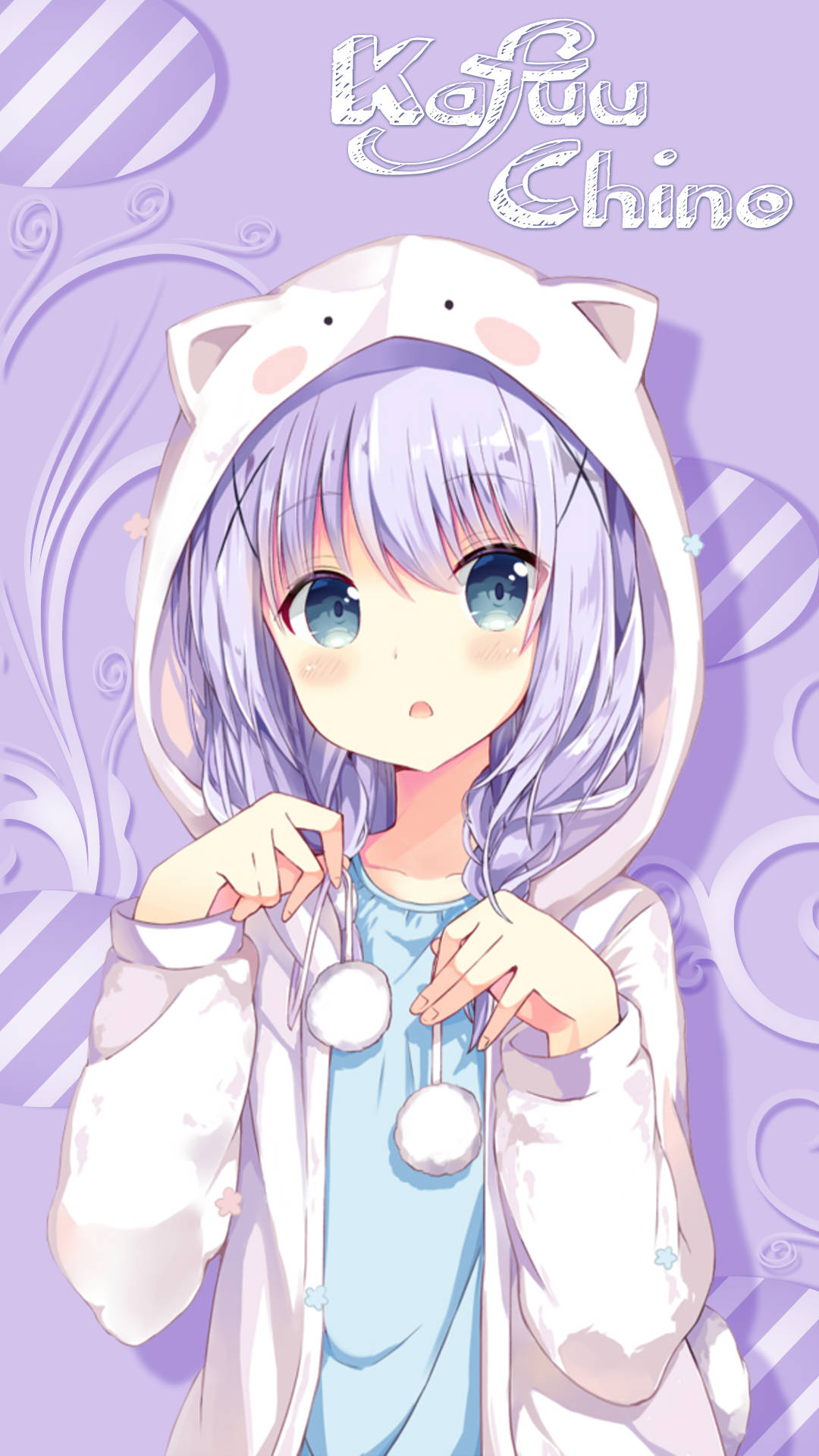 《兔女郎的秩序》角色近藤香織穿兔耳連帽衫 壁紙 — 一個可愛的動漫女孩，擁有薰衣草色頭髮和藍色眼睛，穿著白色貓耳連帽衫，背景是旋轉的紫色。