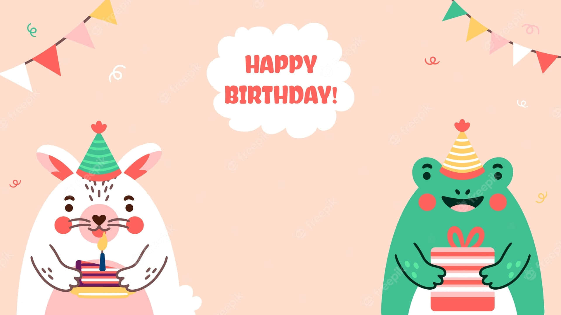 兩隻卡通動物在彩色彩旗下用蛋糕和禮物慶祝生日。