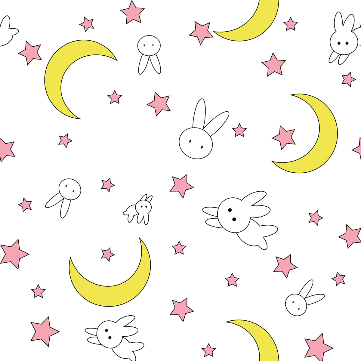 可愛的卡通兔子、月亮和星星，以俏皮的重複圖案呈現。