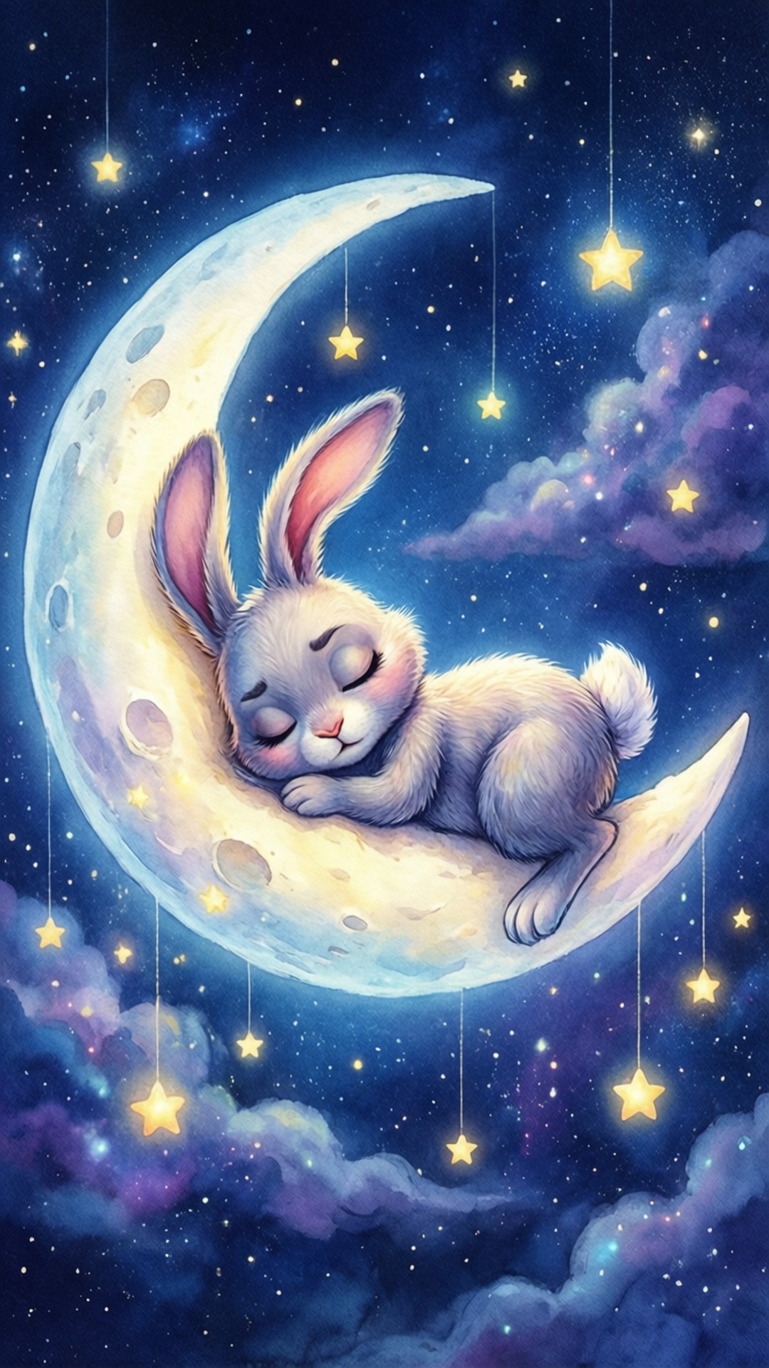 兔月夢境 壁紙 — 一隻平靜的白兔蜷縮在彎月上睡覺，周圍環繞著閃爍的星星和紫色的雲朵，在夢幻的夜空中。