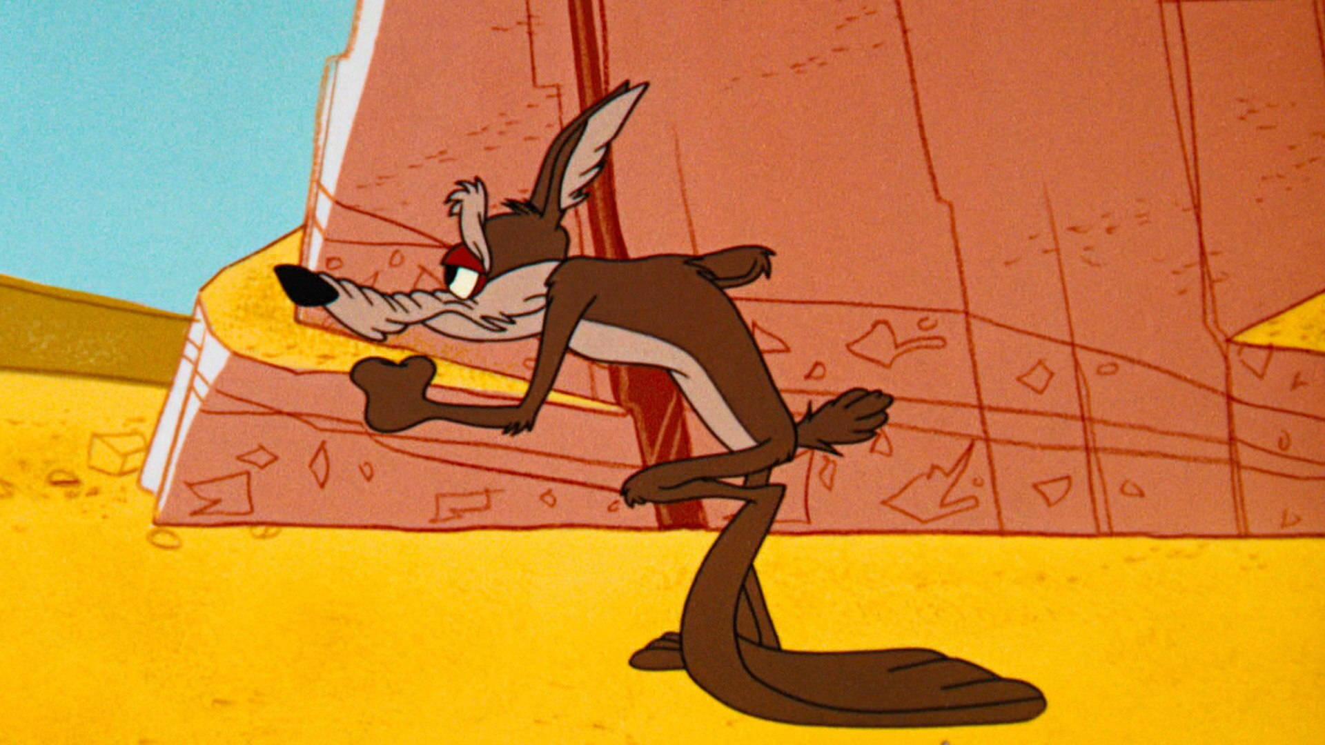 Wile E. Coyote 在一個有紅色岩層的沙漠峽谷中伸展身體。