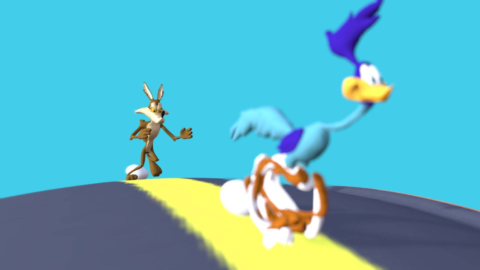 Wile E Coyote 同 Road Runner 喺山丘上競速，有動態模糊