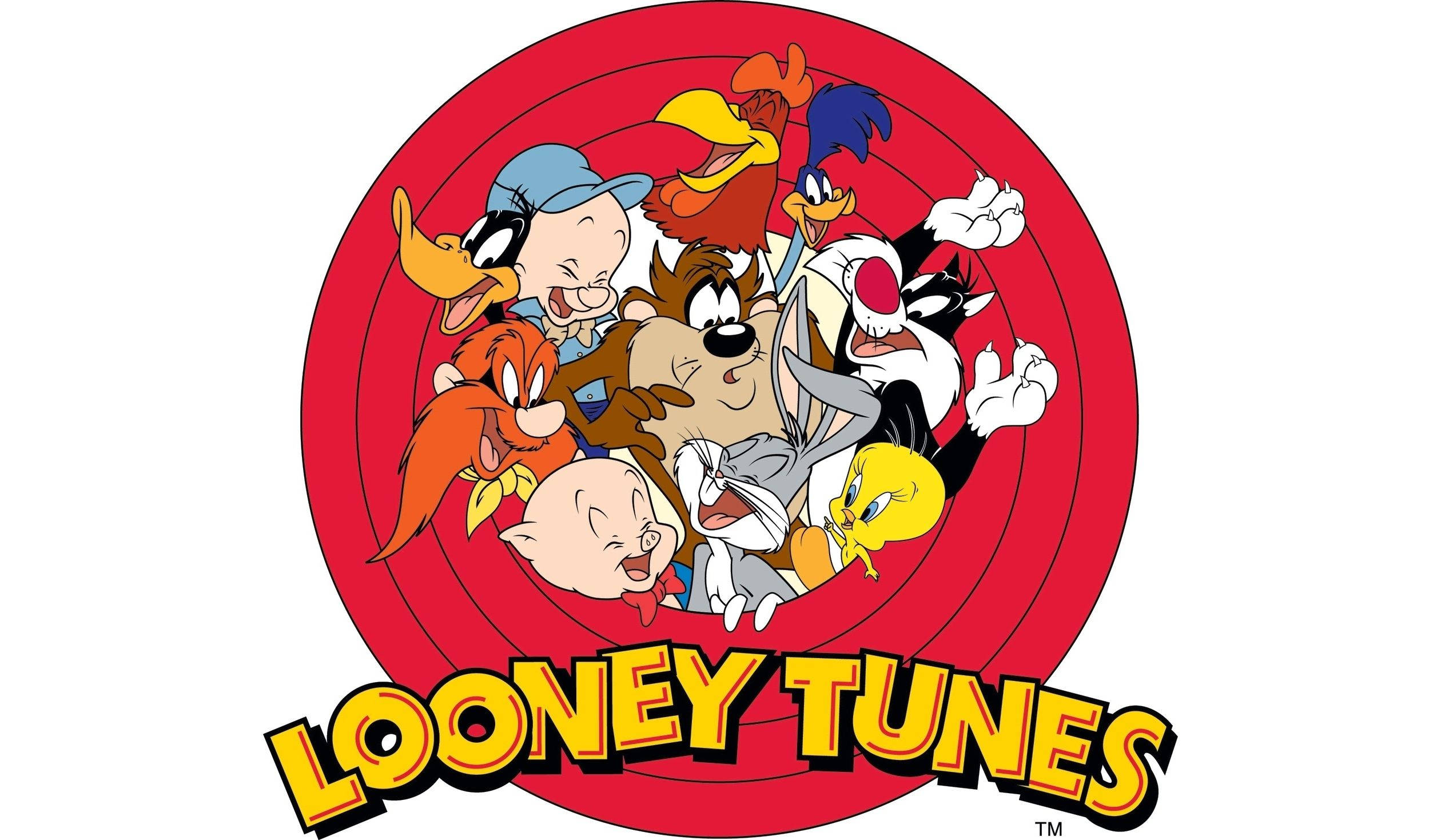 兔猋艾爾默 洛飛尼兔 壁紙 — 經典 Looney Tunes 角色從白色背景上的紅色同心圓中歡快地迸發出來。