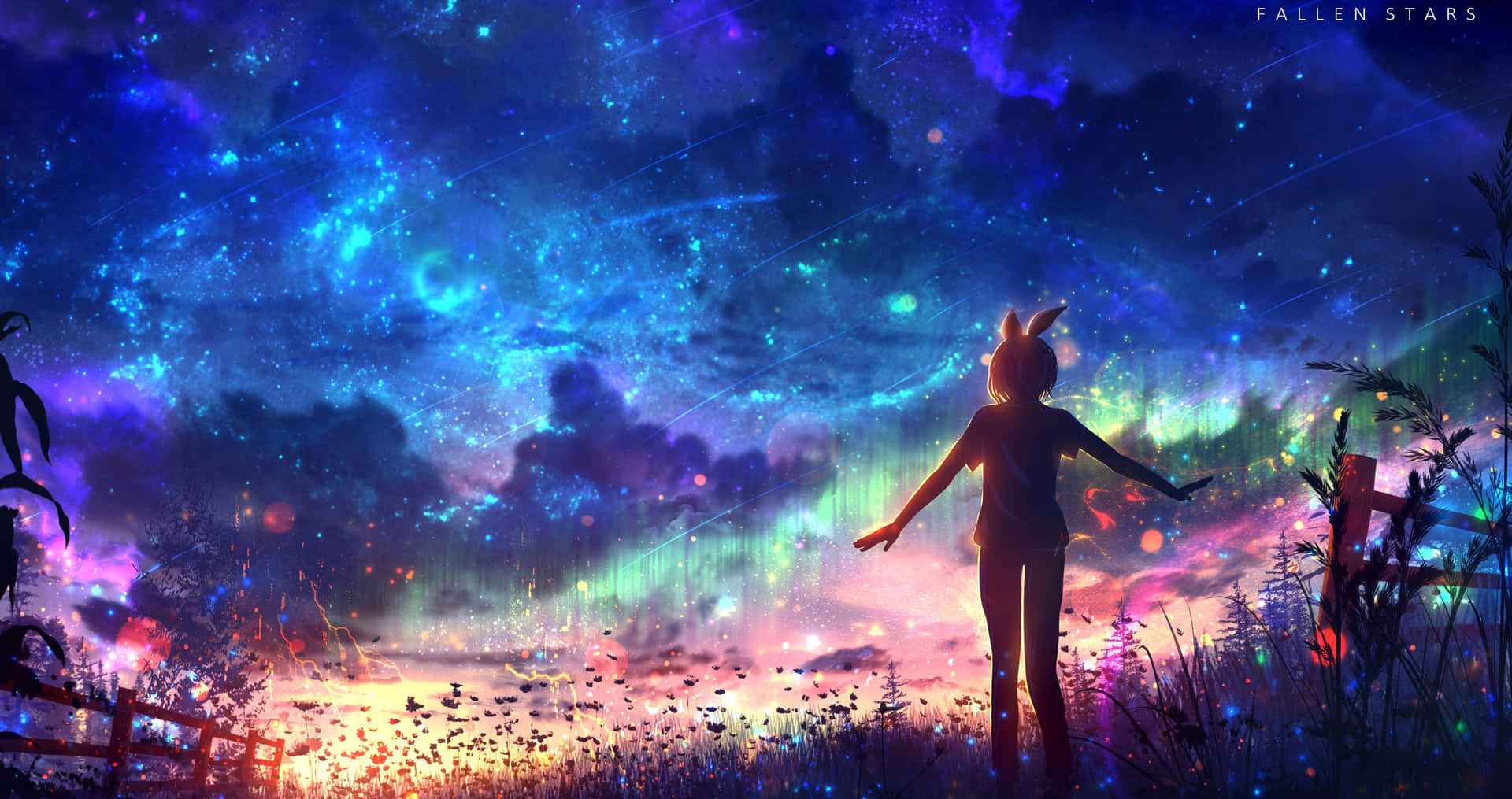 戴兔耳朵的女孩站在星空極光下的田野中