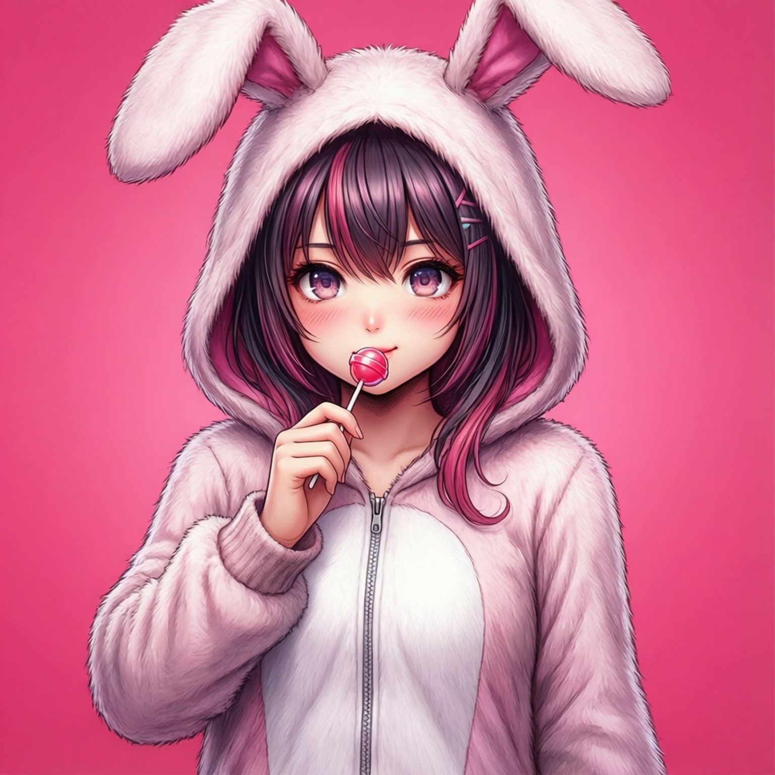 穿著粉紅色兔子服的動漫女孩拿著棒棒糖。