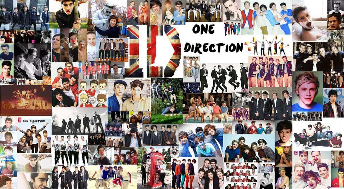 One Direction樂隊照片和粉絲藝術的拼貼，呈現各種姿勢和環境。