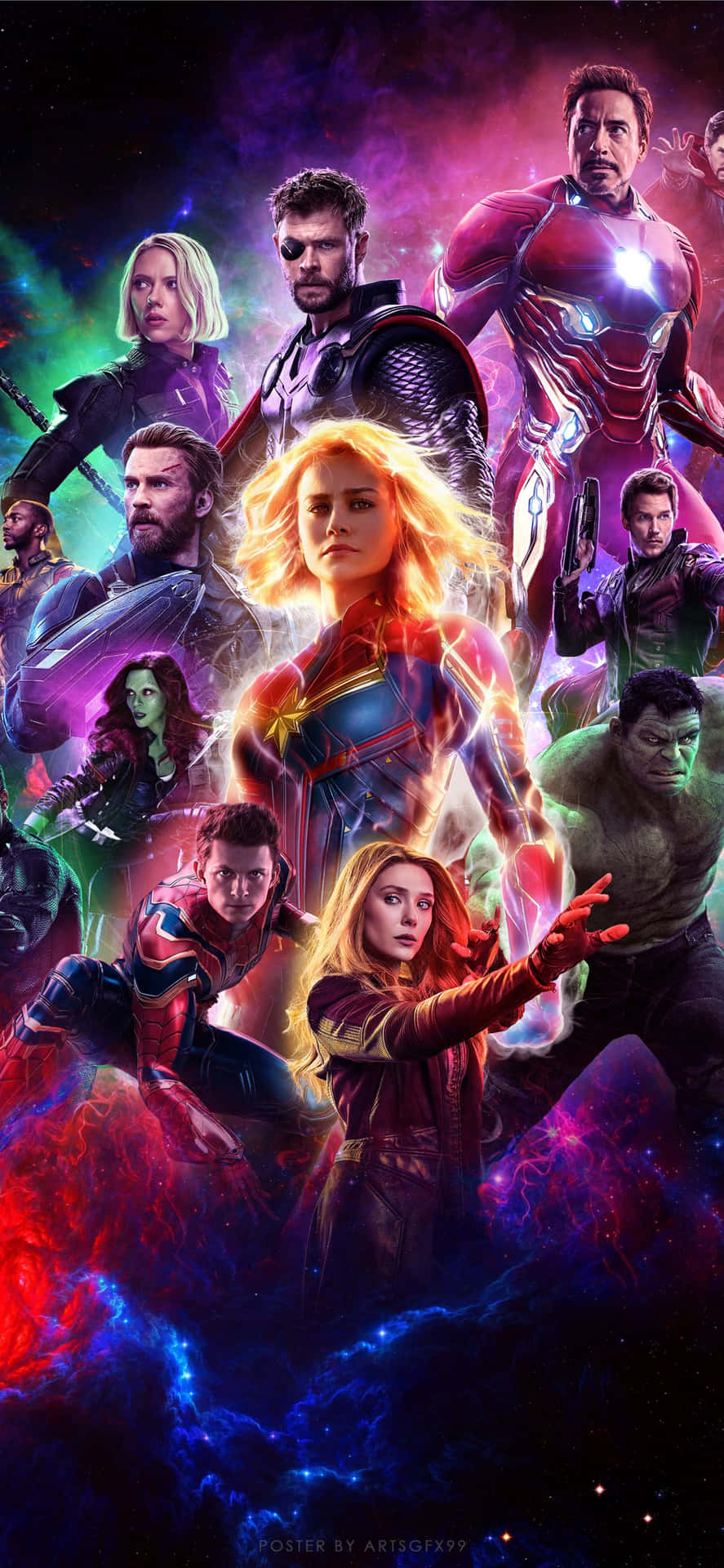 Marvel超級英雄在宇宙空間中，帶有發光能量效果。