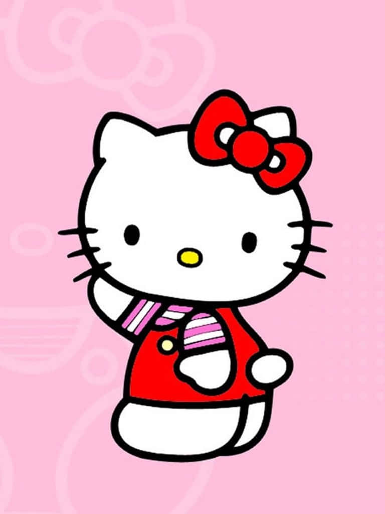 Hello Kitty 在粉紅色背景上身穿紅色服裝和粉紅色蝴蝶結揮手。
