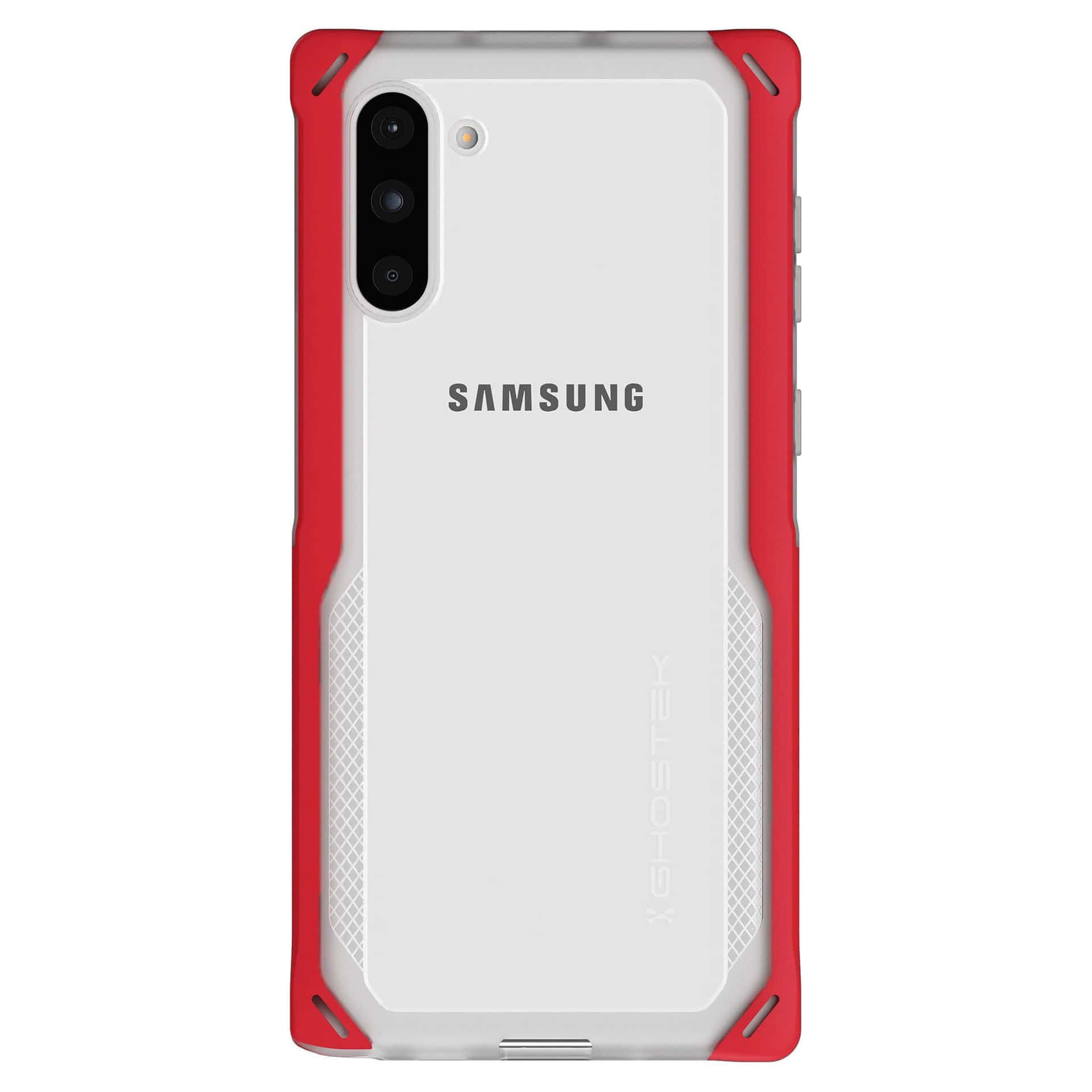 Samsung智能手機上的紅色和白色保護殼。