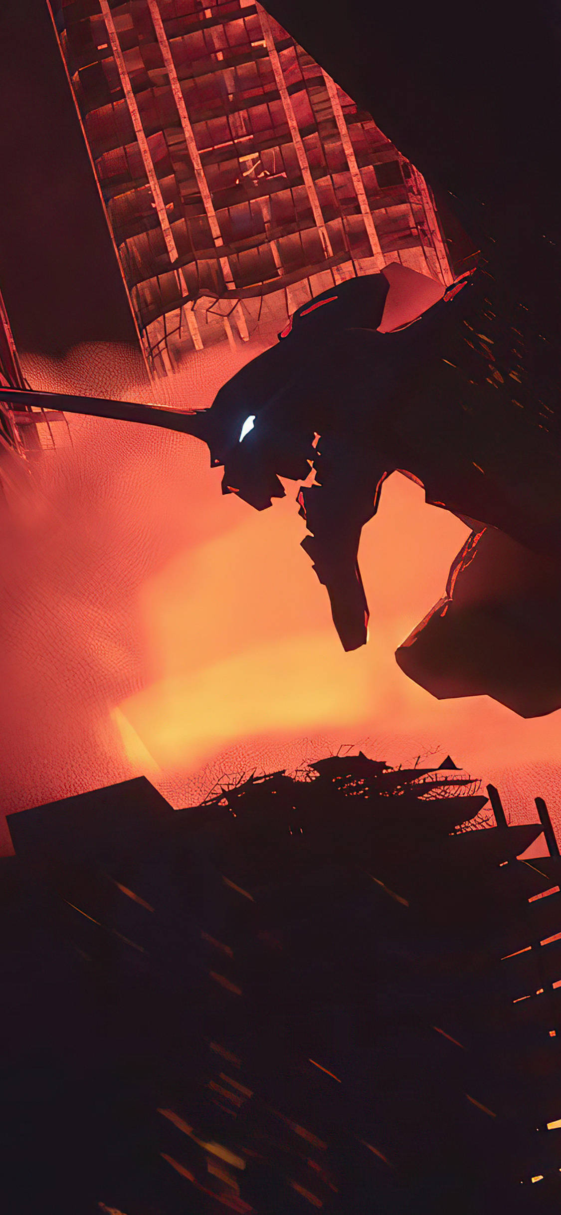 入手官方 Evangelion 手機，體驗動畫科技的巔峰 壁紙 — 一個巨型機械人的剪影，在爆炸的熾熱橙色光芒下，矗立於廢墟般的城市景觀中。