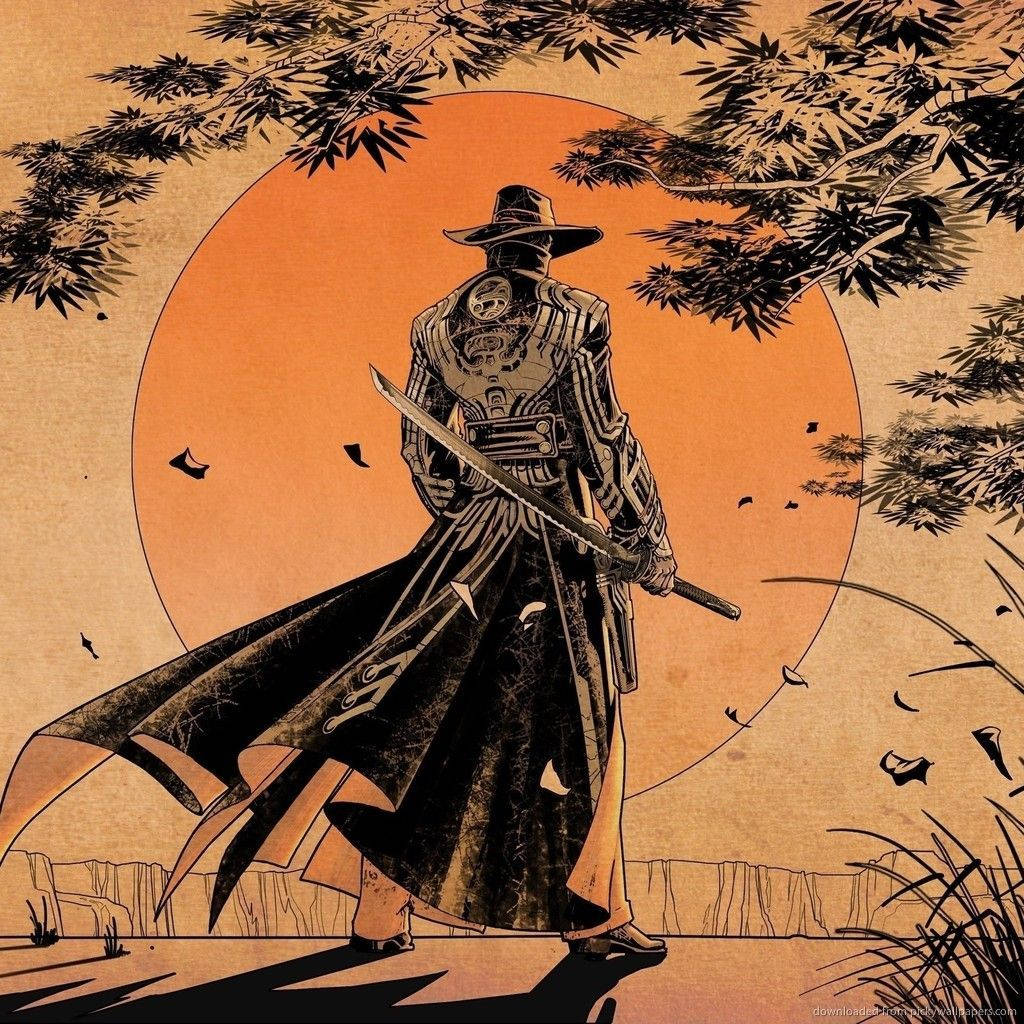 武士穿著盔甲，在日落時分於竹樹下持劍。