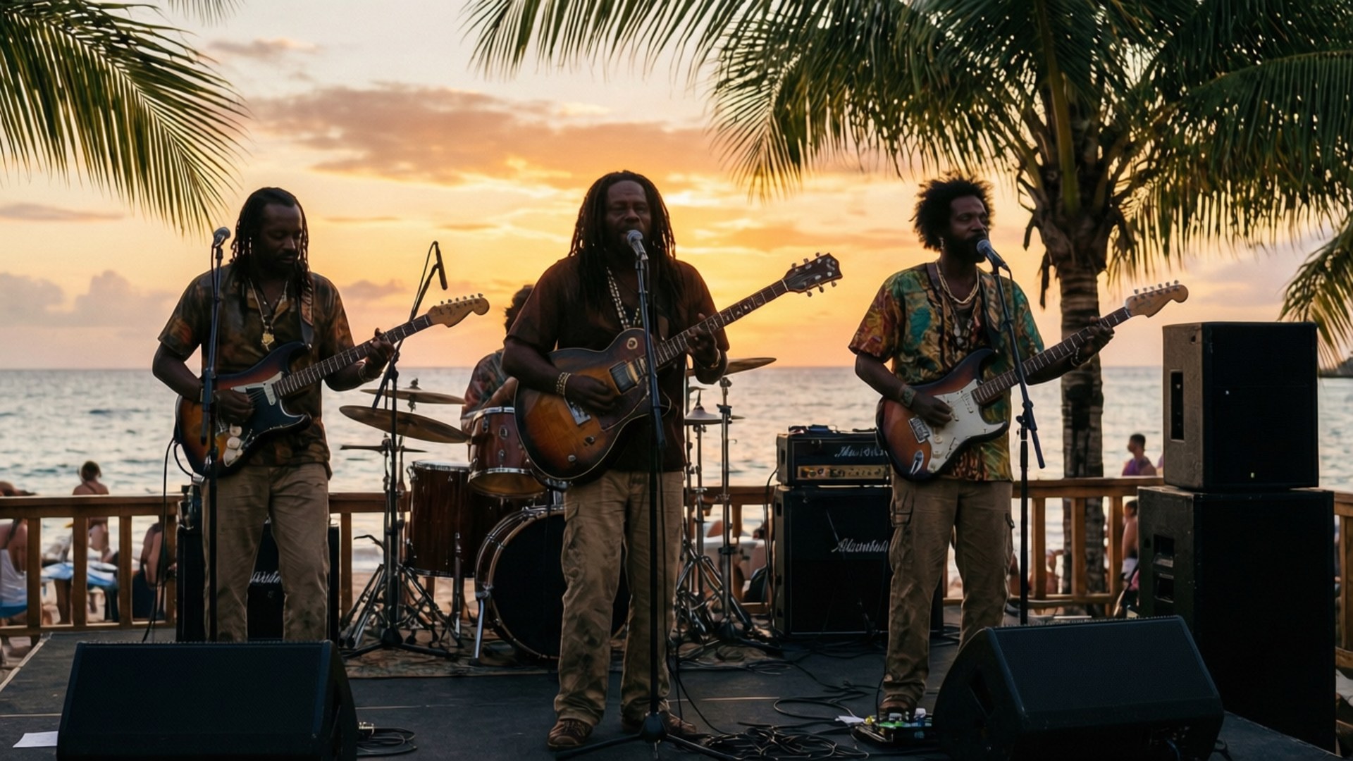 三位音樂家在沙灘舞台上彈結他，背景有棕櫚樹和海洋，夕陽西下