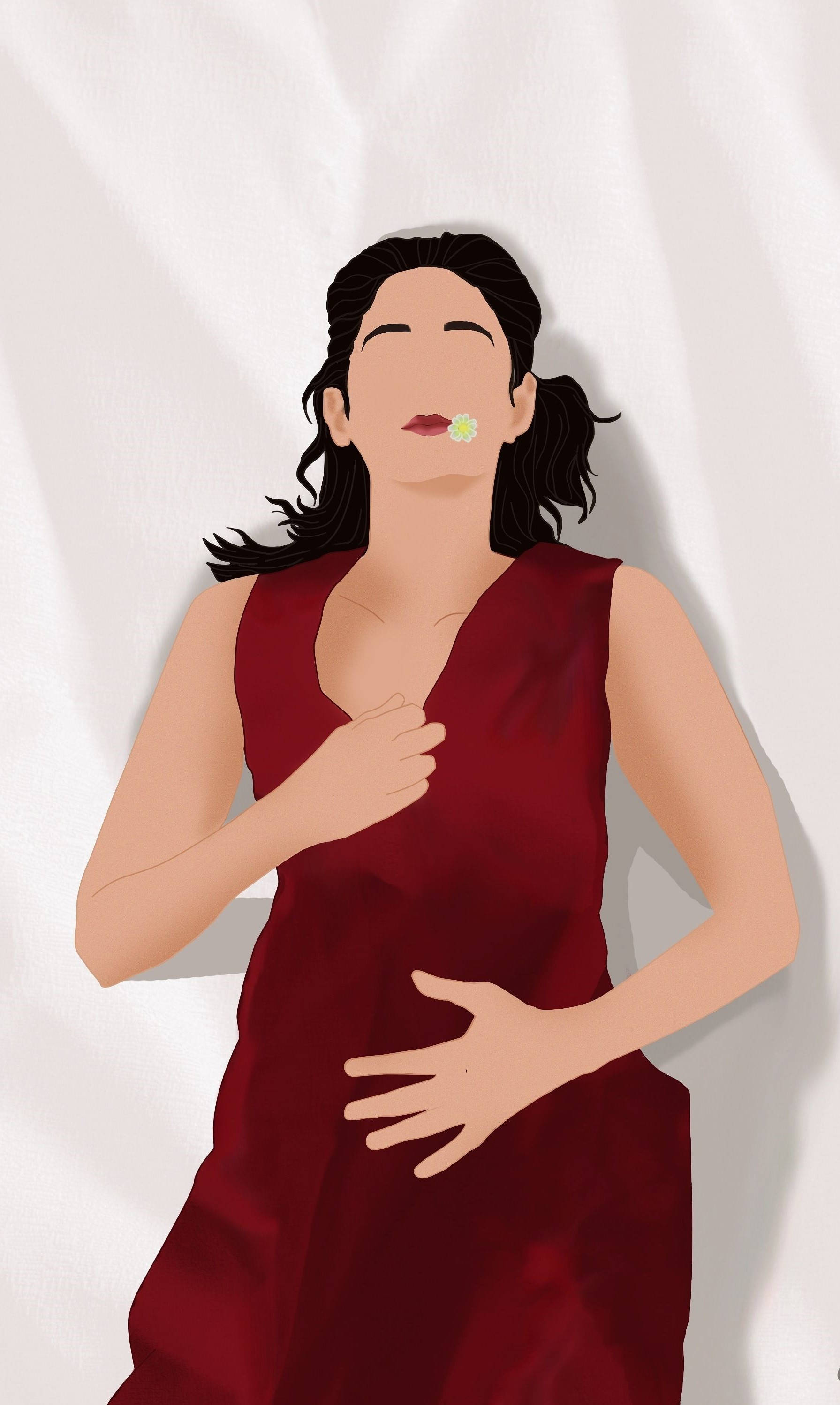 內羅畢《錢他偷》數位向量藝術 壁紙 — 一位身穿紅色連衣裙的女性靠著白牆站立，雙手放在胸口和腹部，嘴唇附近有一朵小花。