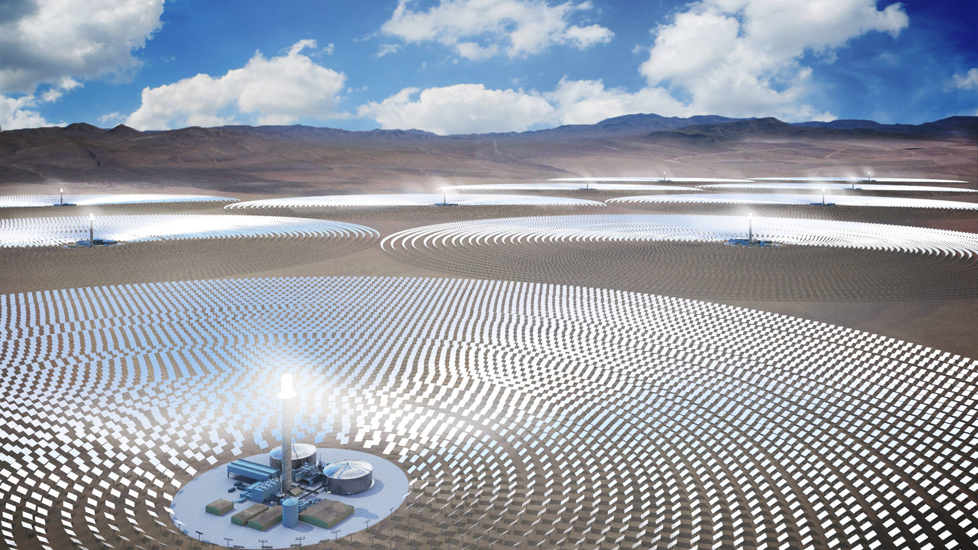 內華達能源太陽能發電廠 壁紙 — 廣闊的沙漠太陽能農場，數千塊鏡面面板從中央塔樓向外輻射，在明亮的藍天和蓬鬆的白雲下。