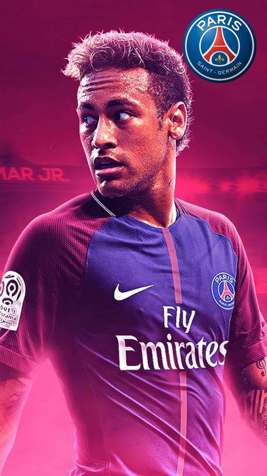 尼馬（Neymar Jr）身穿巴黎聖日耳曼足球球衣，發光粉紅色背景。