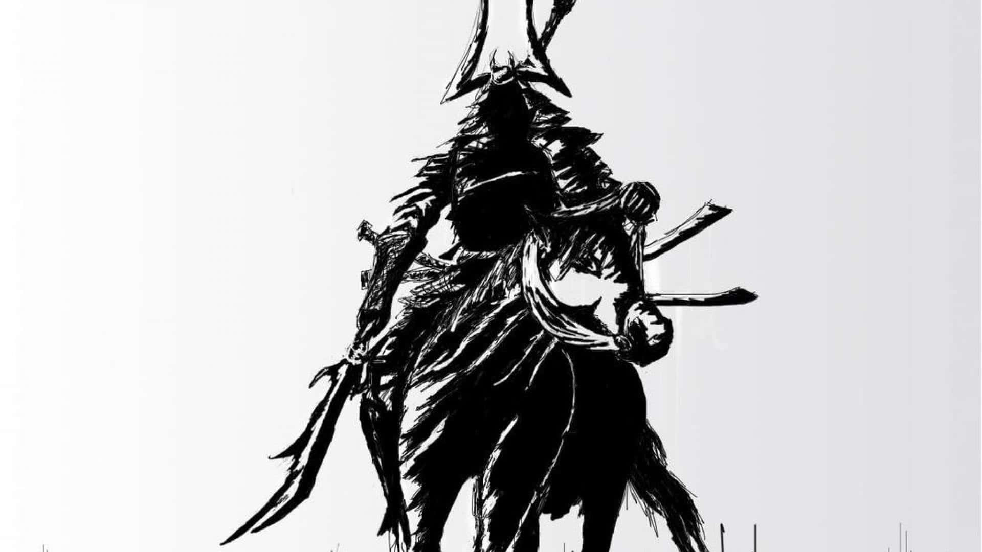 武士騎在馬上，以黑色墨水風格持劍。