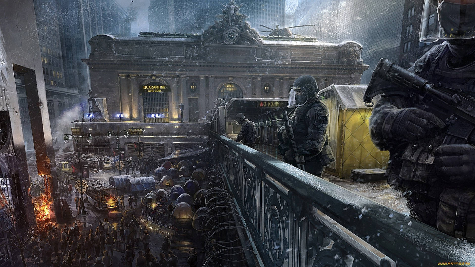 《全境封鎖》持械士兵 壁紙 — 身穿戰術裝備的士兵在白雪覆蓋、戰火摧殘的城市廣場巡邏，背景是一座宏偉的火車站。