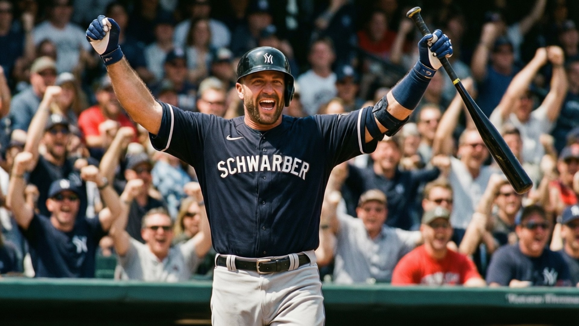 棒球手 Schwabber 在歡呼的球迷中高舉球棒慶祝。