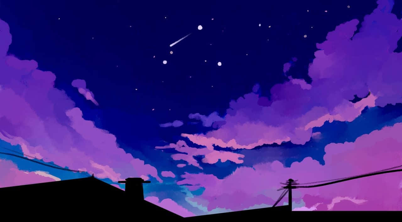 紫色和藍色夜空，星星和流星在剪影屋頂和電線上。