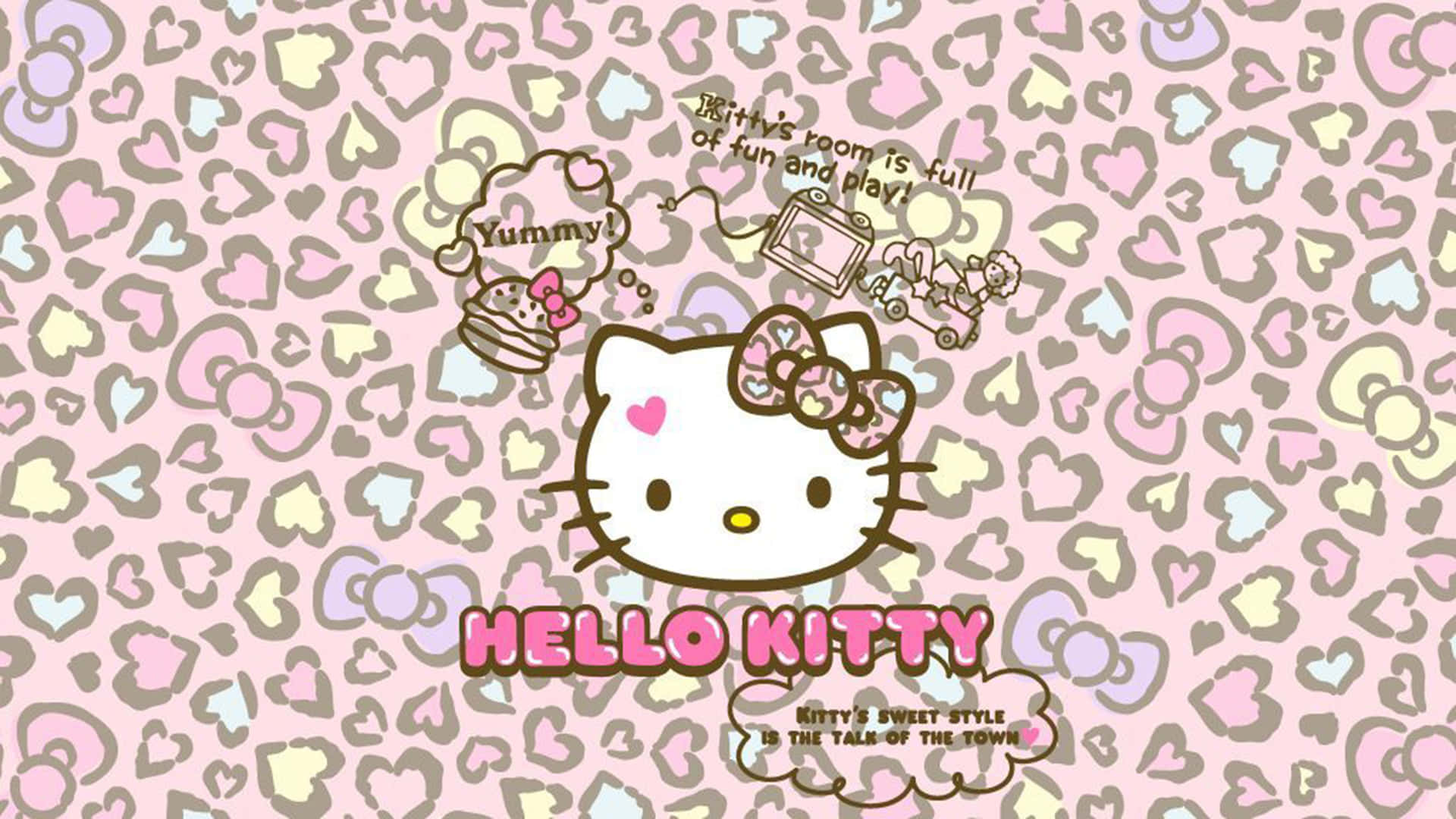 全年慶祝三麗鷗的魔法 壁紙 — Hello Kitty 卡通角色，帶有蝴蝶結和對話氣泡，背景為粉彩心形圖案。